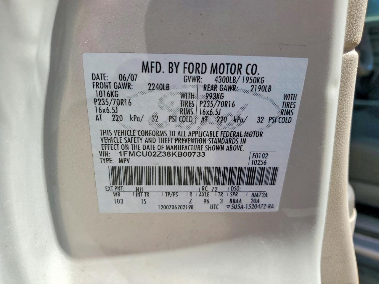 2008 Ford Escape Xls White vin: 1FMCU02Z38KB00733