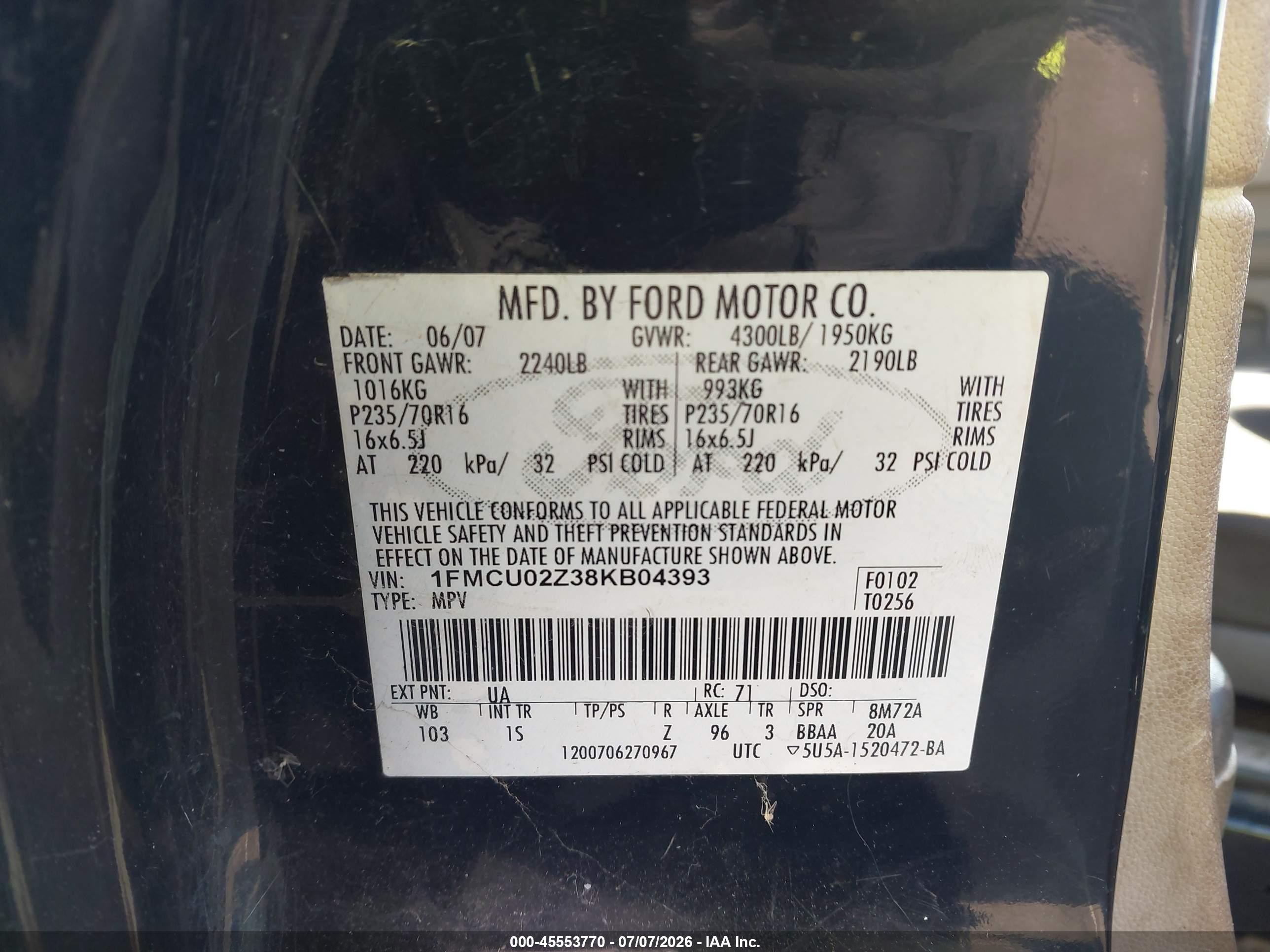 2008 Ford Escape Xls/xls Manual Black vin: 1FMCU02Z38KB04393