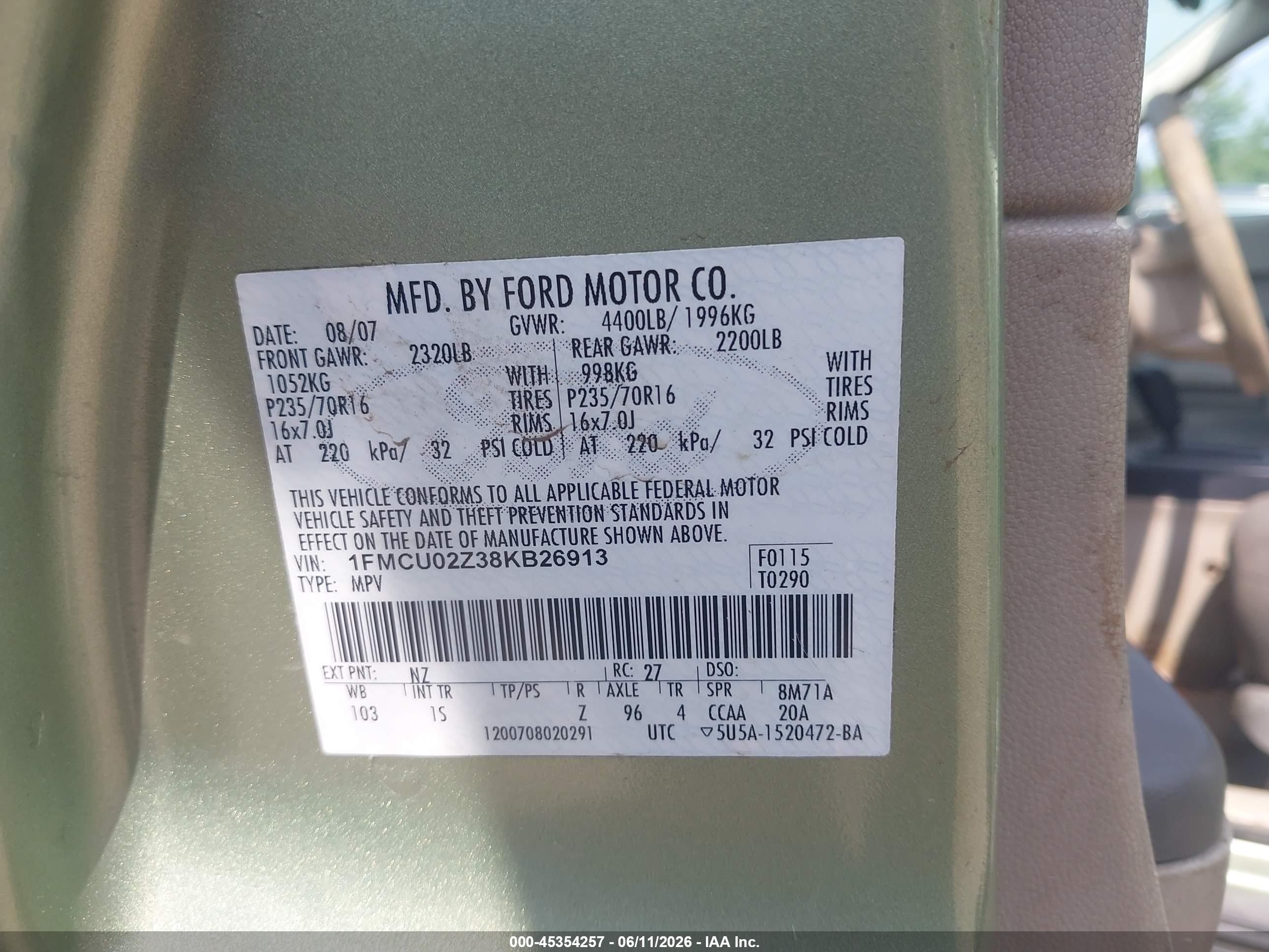 2008 Ford Escape Xls/xls Manual Green vin: 1FMCU02Z38KB26913