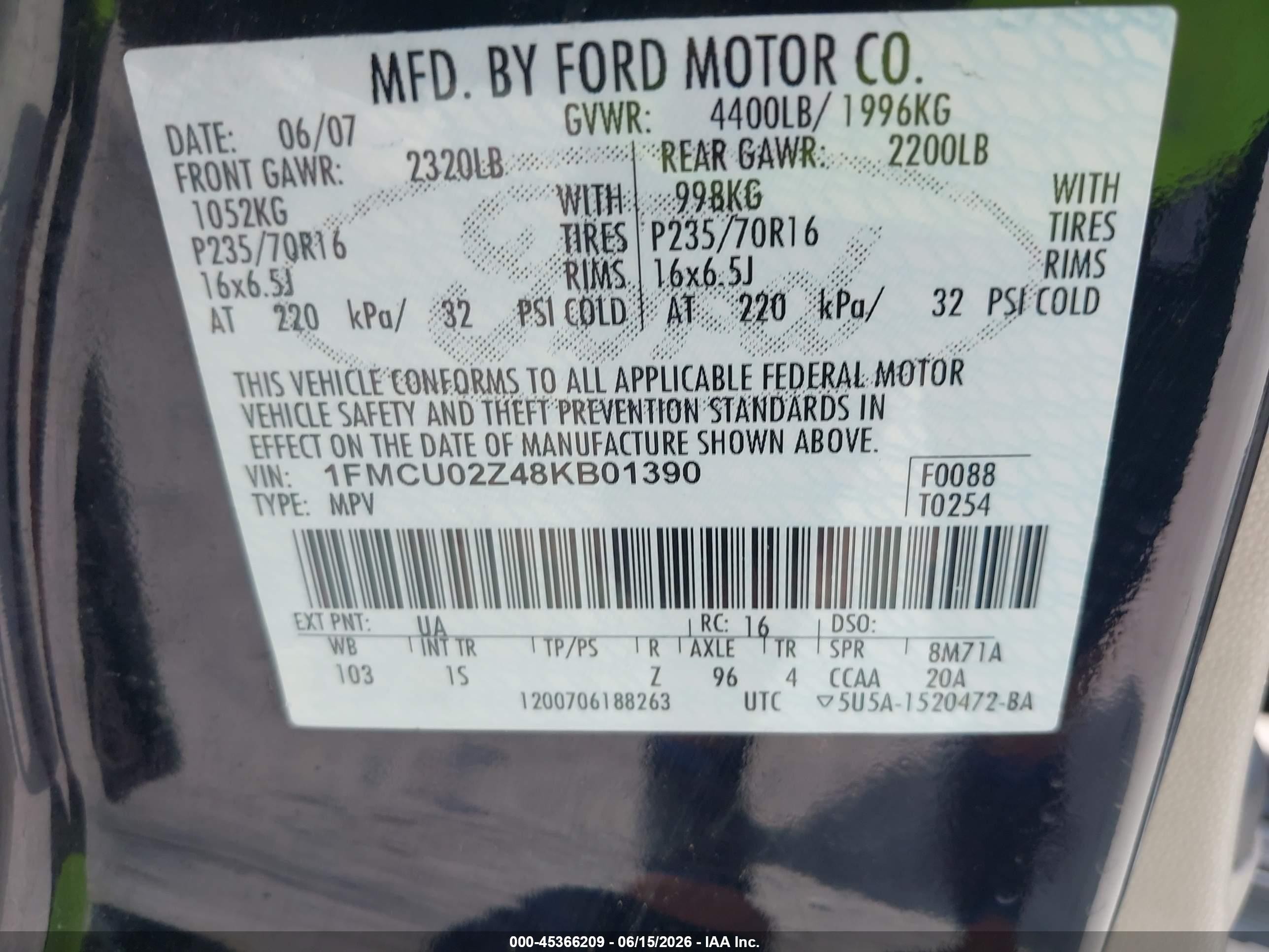 2008 Ford Escape Xls/xls Manual Black vin: 1FMCU02Z48KB01390