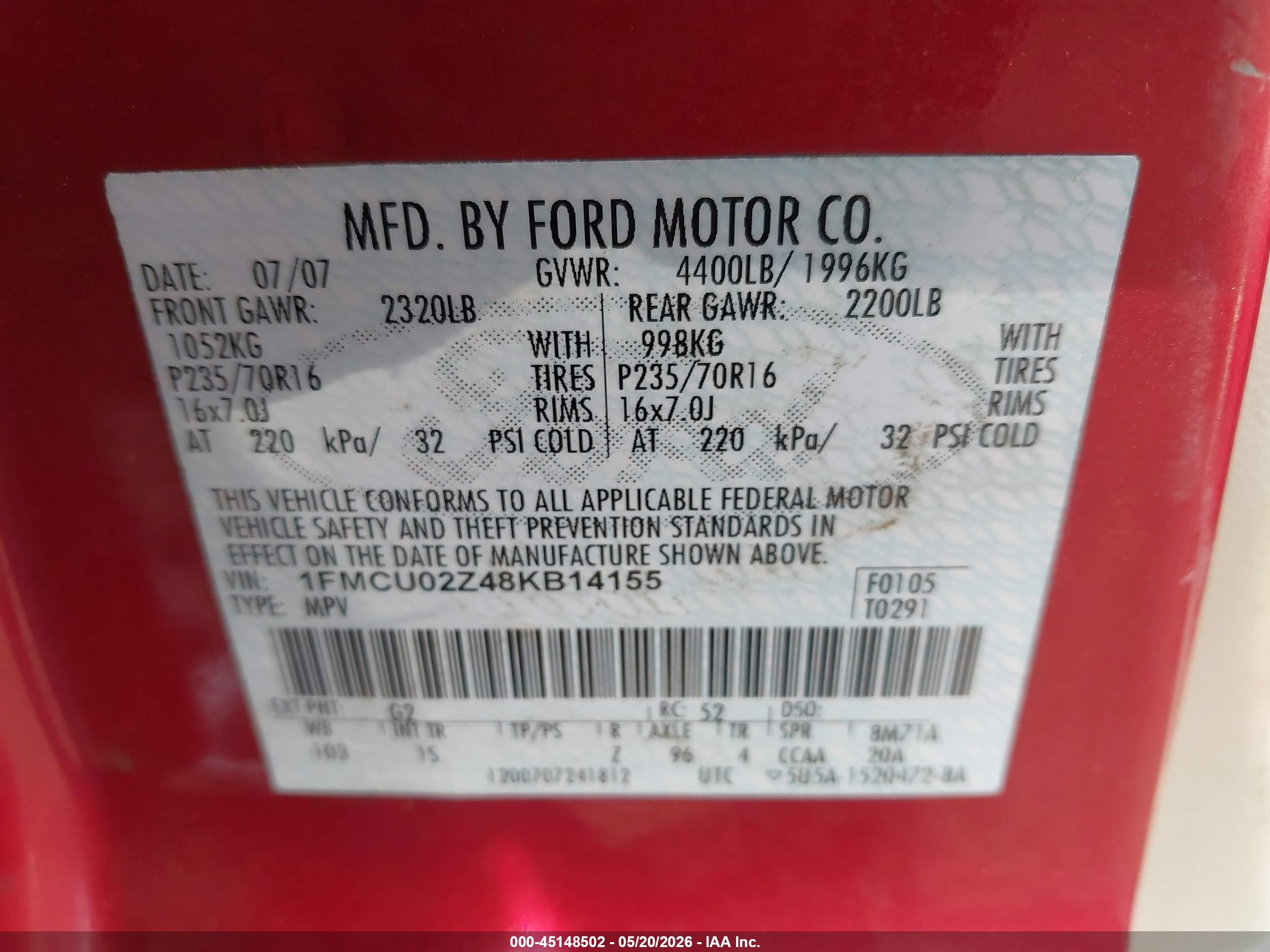 2008 Ford Escape Xls/xls Manual Red vin: 1FMCU02Z48KB14155