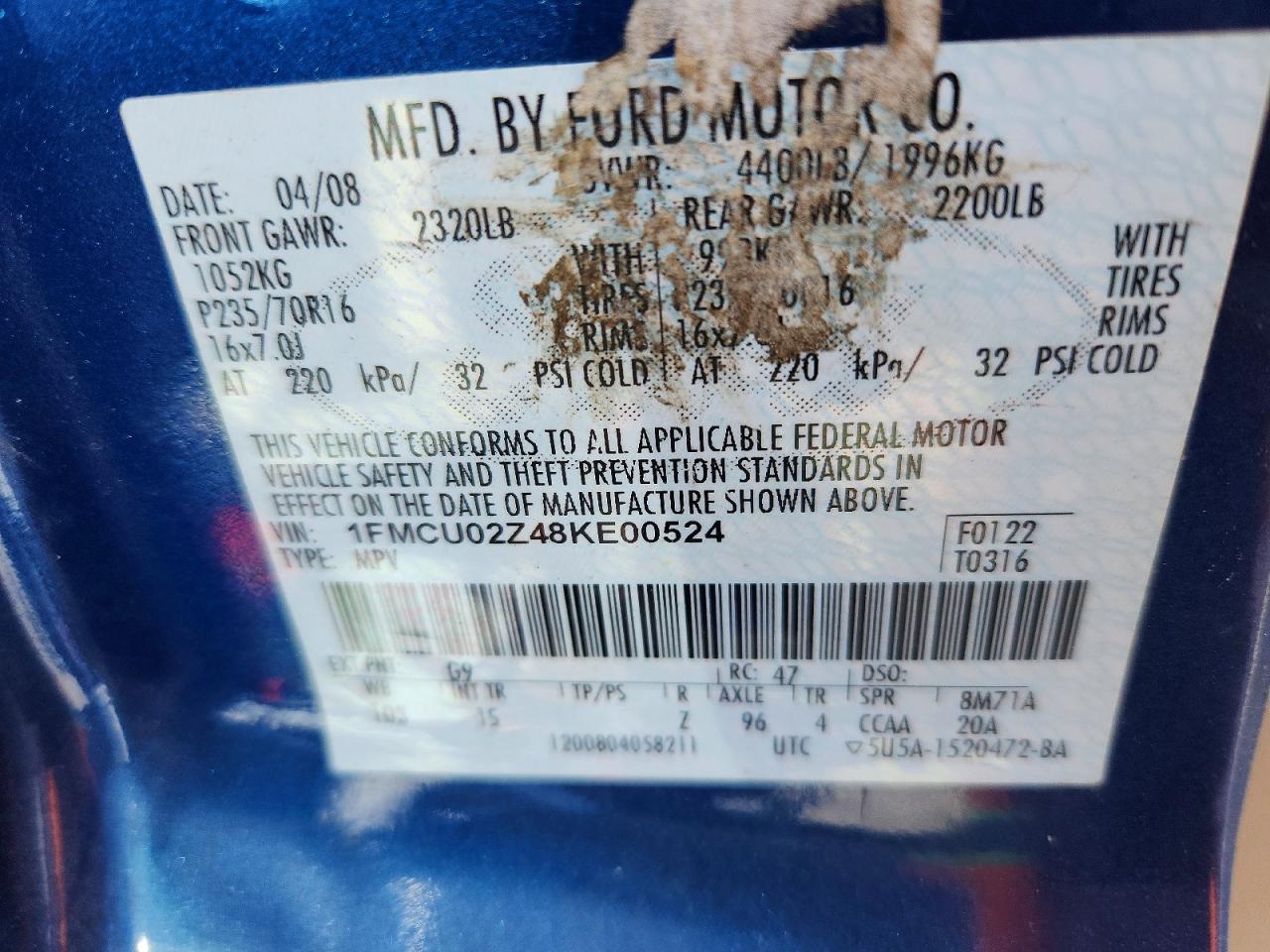 2008 Ford Escape Xls Blue vin: 1FMCU02Z48KE00524