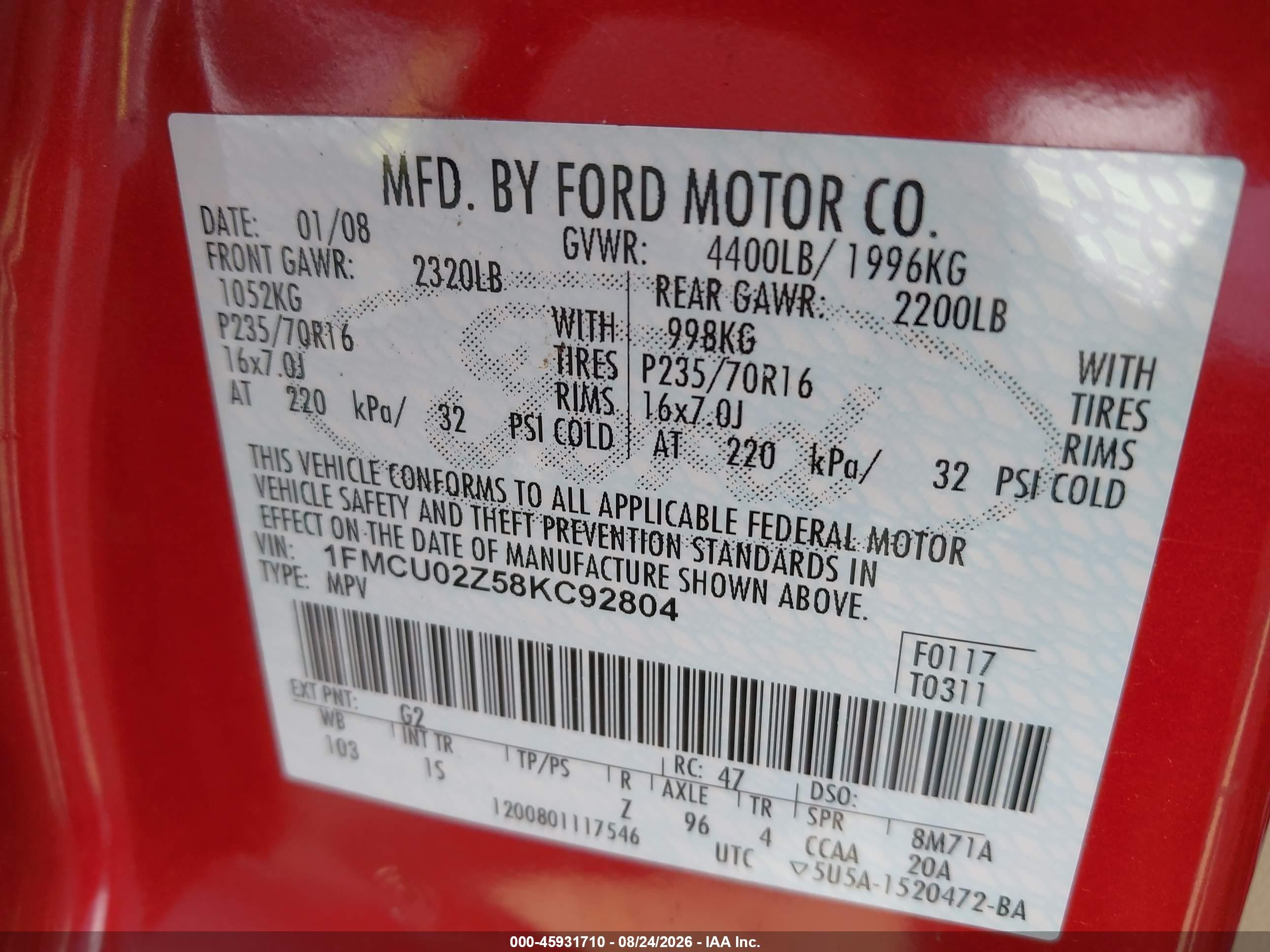 2008 Ford Escape Xls/xls Manual Red vin: 1FMCU02Z58KC92804