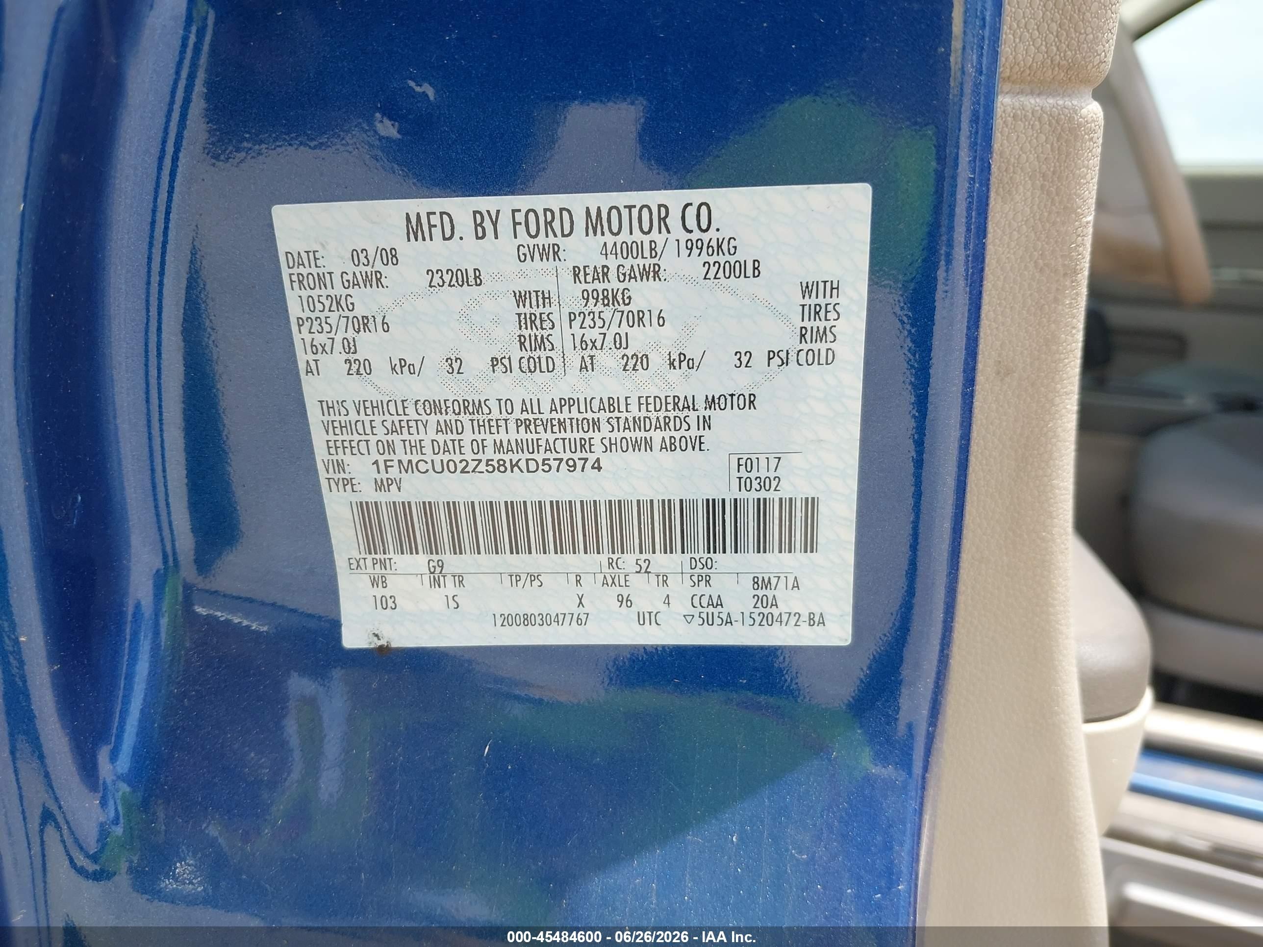 2008 Ford Escape Xls/xls Manual Blue vin: 1FMCU02Z58KD57974