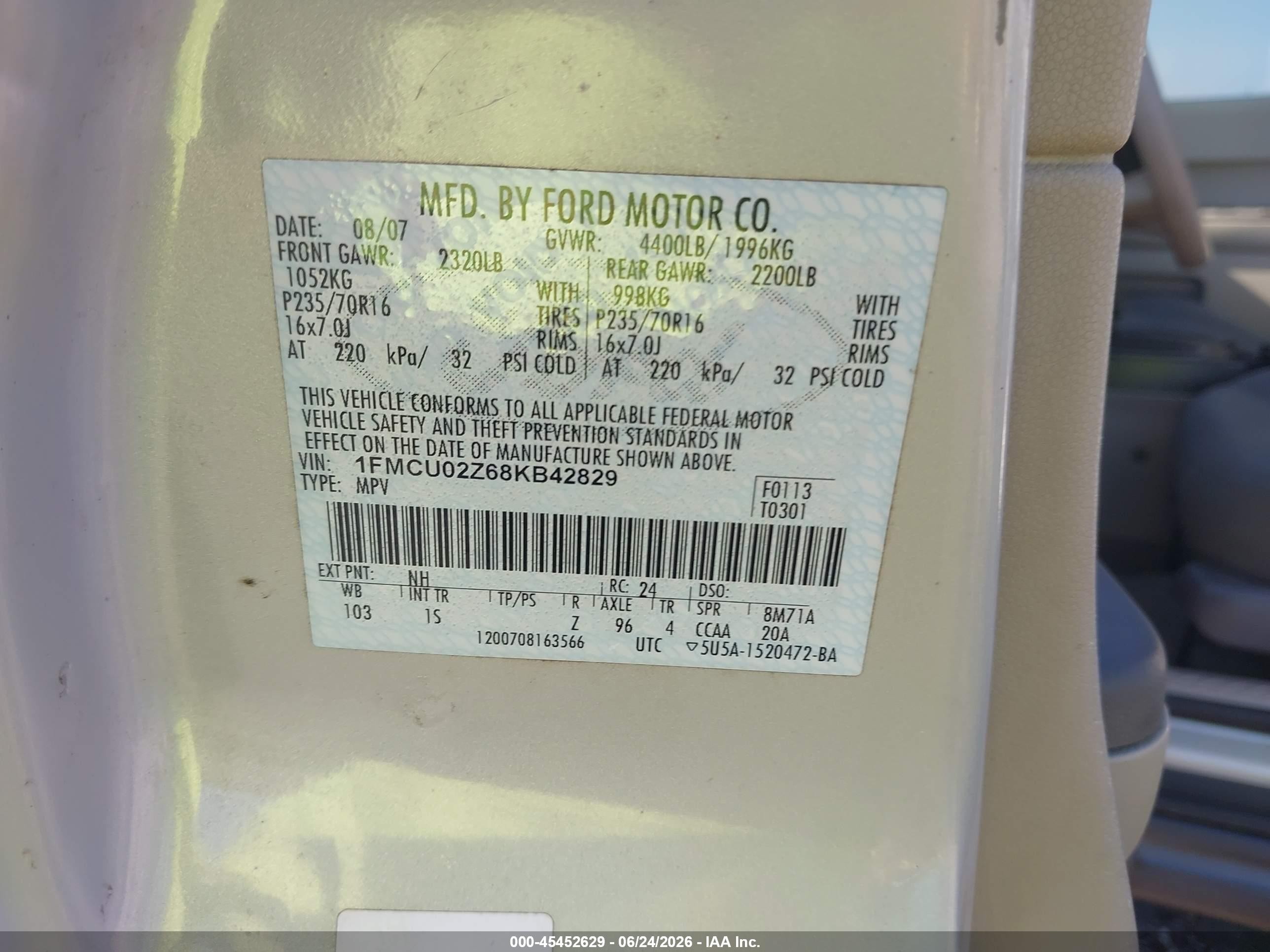 2008 Ford Escape Xls/xls Manual Cream vin: 1FMCU02Z68KB42829