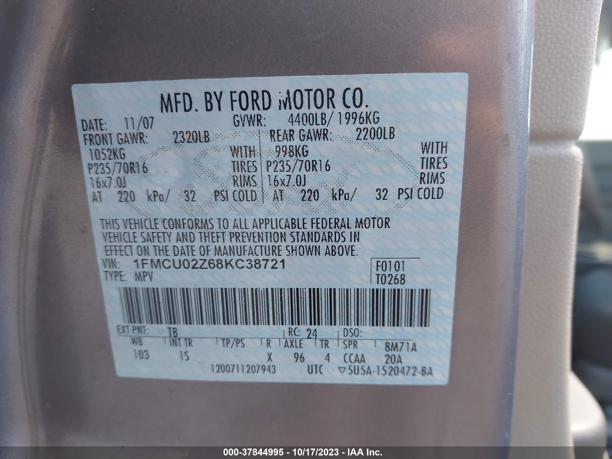 2008 Ford Escape Xls Gray vin: 1FMCU02Z68KC38721