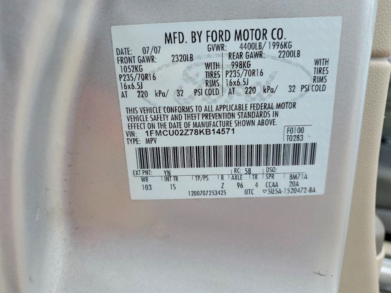 2008 Ford Escape Xls Silver vin: 1FMCU02Z78KB14571