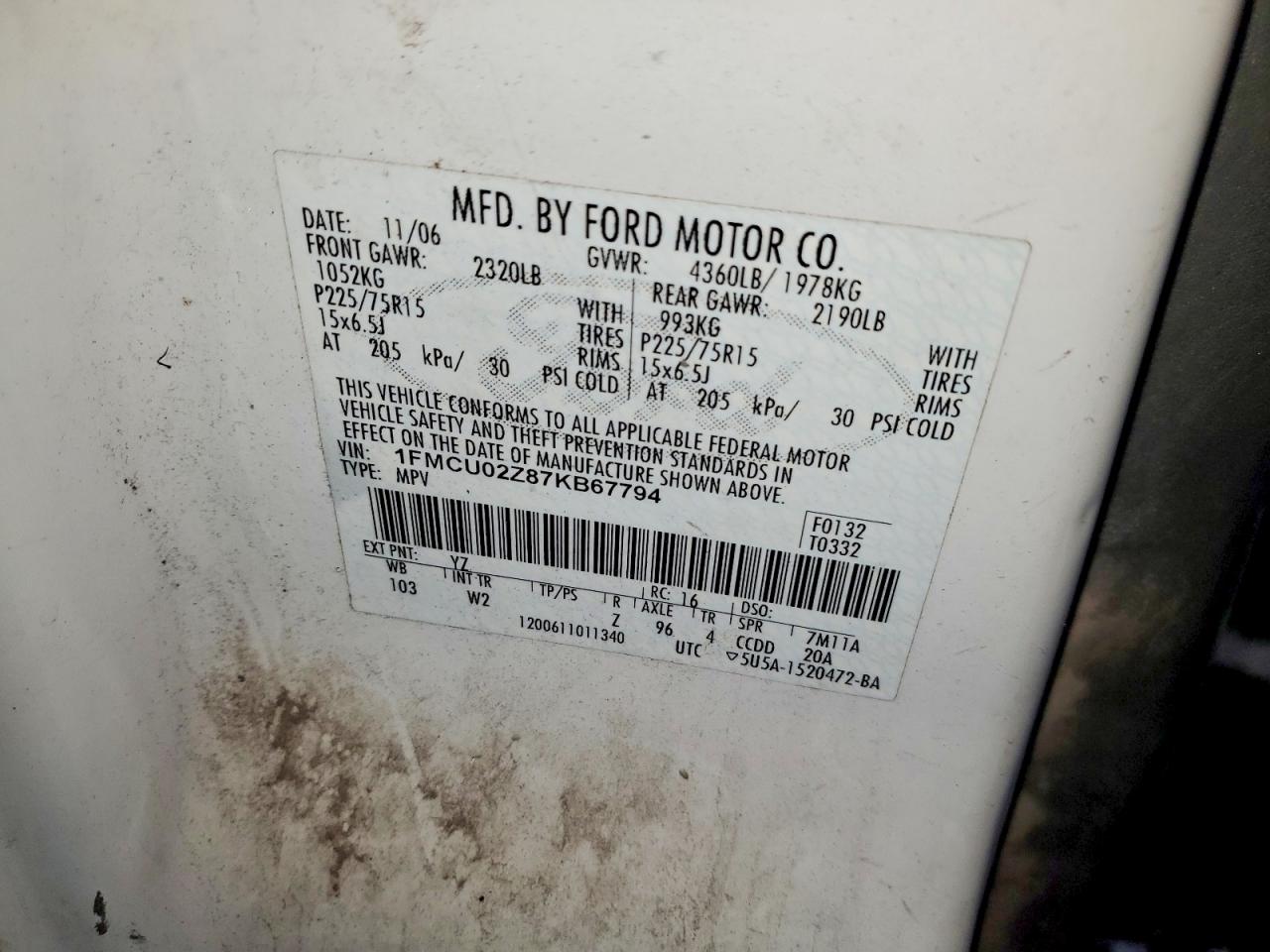 2007 Ford Escape Xls White vin: 1FMCU02Z87KB67794