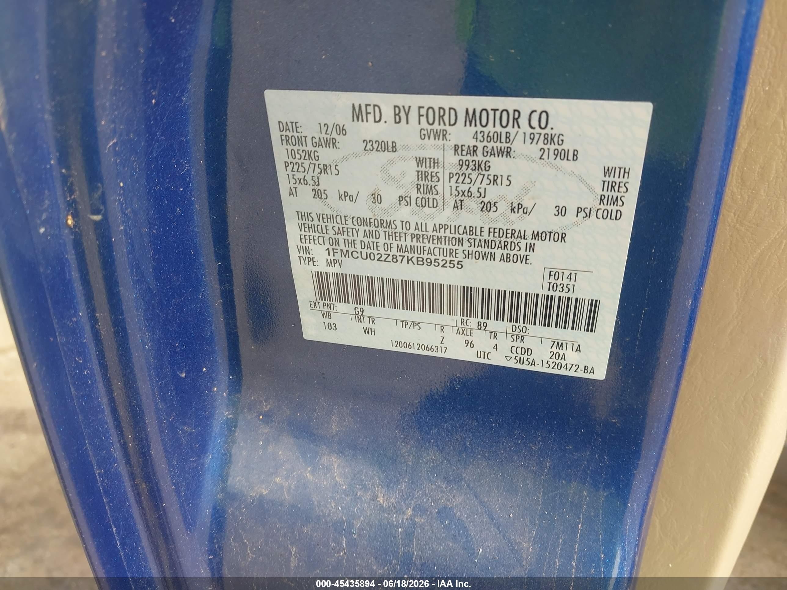 2007 Ford Escape Xls/xls Manual Синий vin: 1FMCU02Z87KB95255