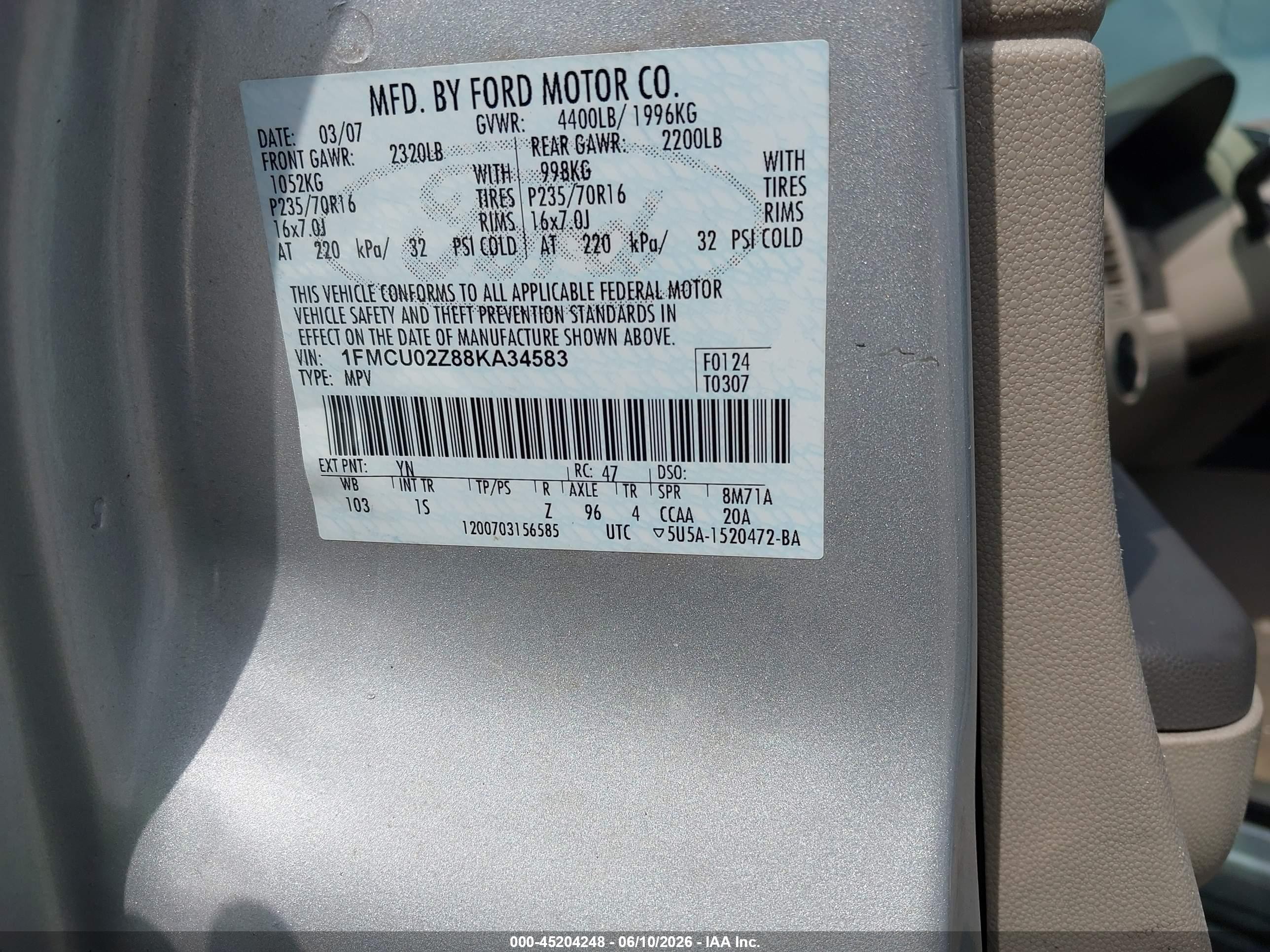 2008 Ford Escape Xls/xls Manual Silver vin: 1FMCU02Z88KA34583