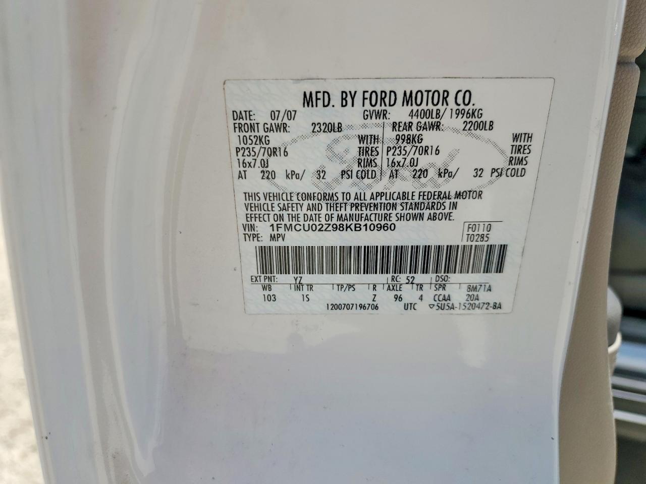 2008 Ford Escape Xls Белый vin: 1FMCU02Z98KB10960