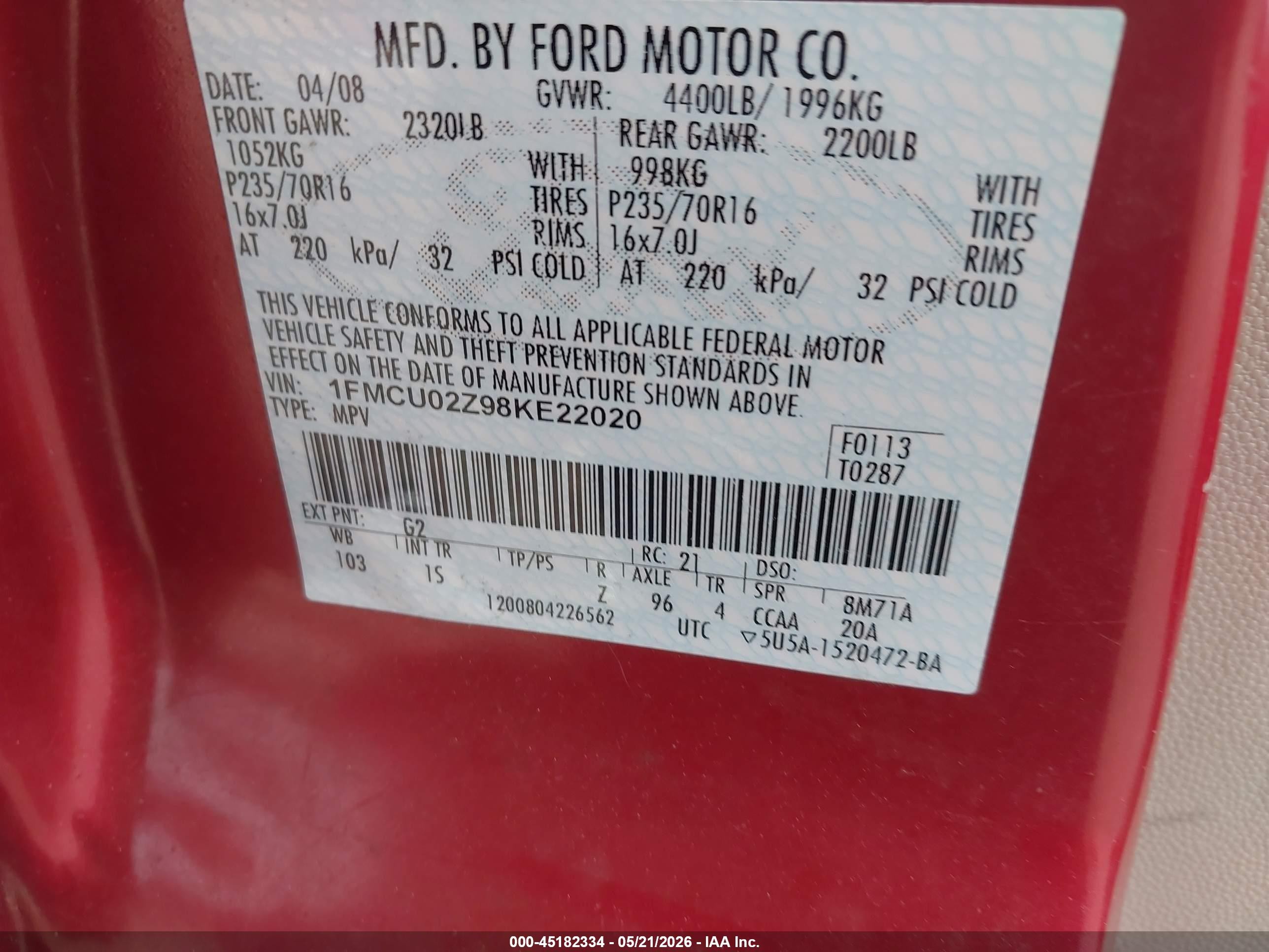 2008 Ford Escape Xls/xls Manual Red vin: 1FMCU02Z98KE22020