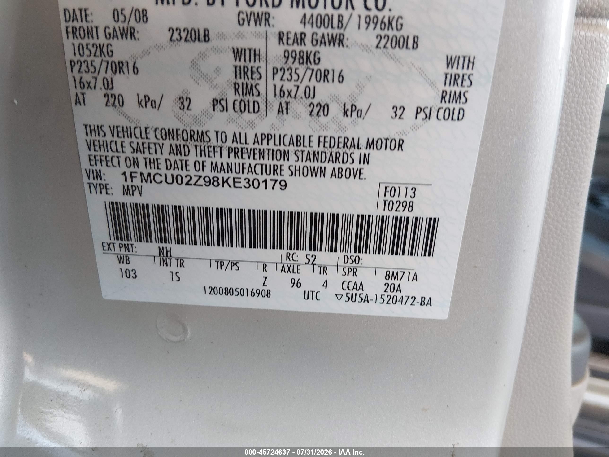 2008 Ford Escape   White vin: 1FMCU02Z98KE30179
