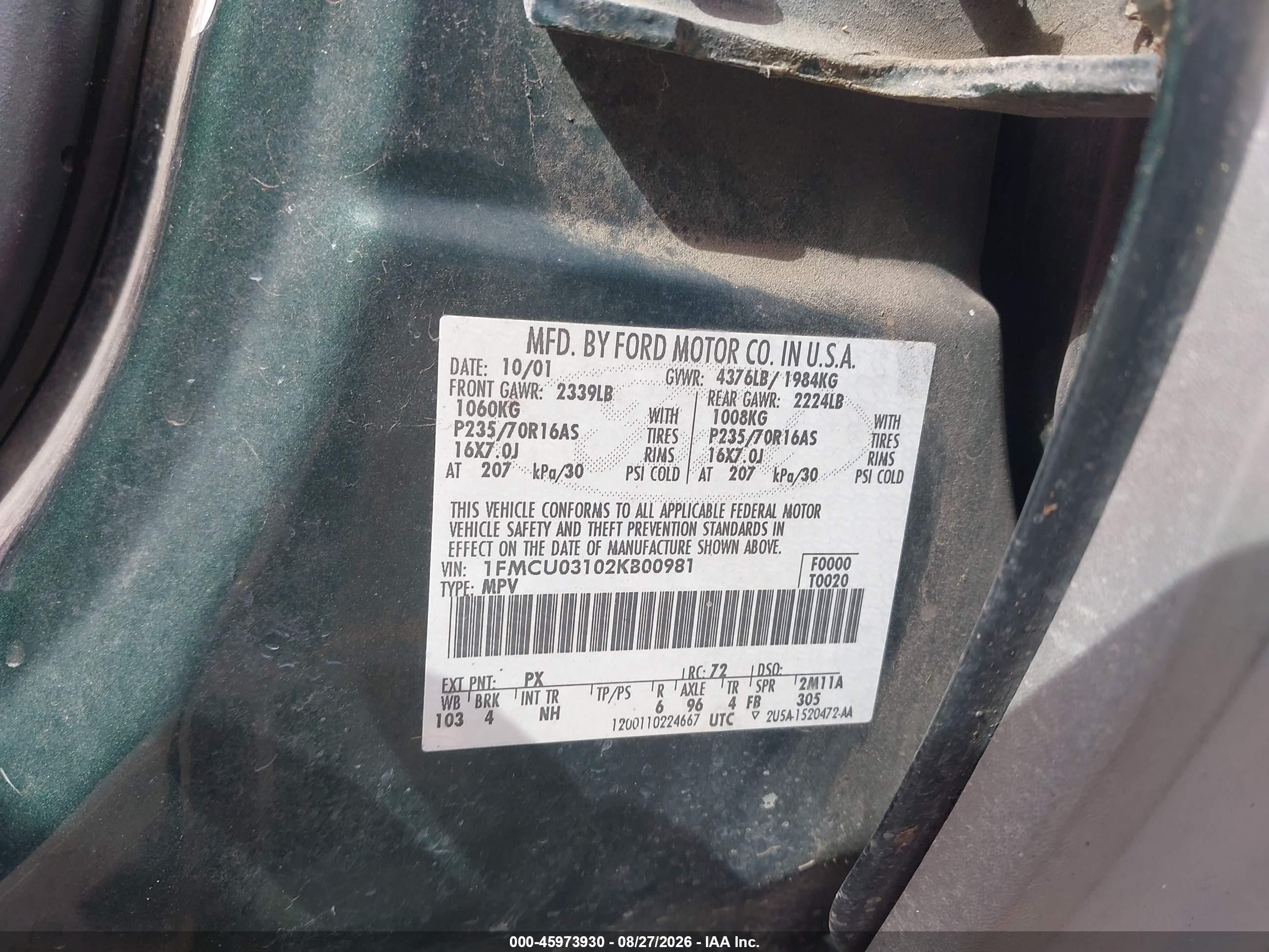 2002 Ford Escape Xlt Green vin: 1FMCU03102KB00981