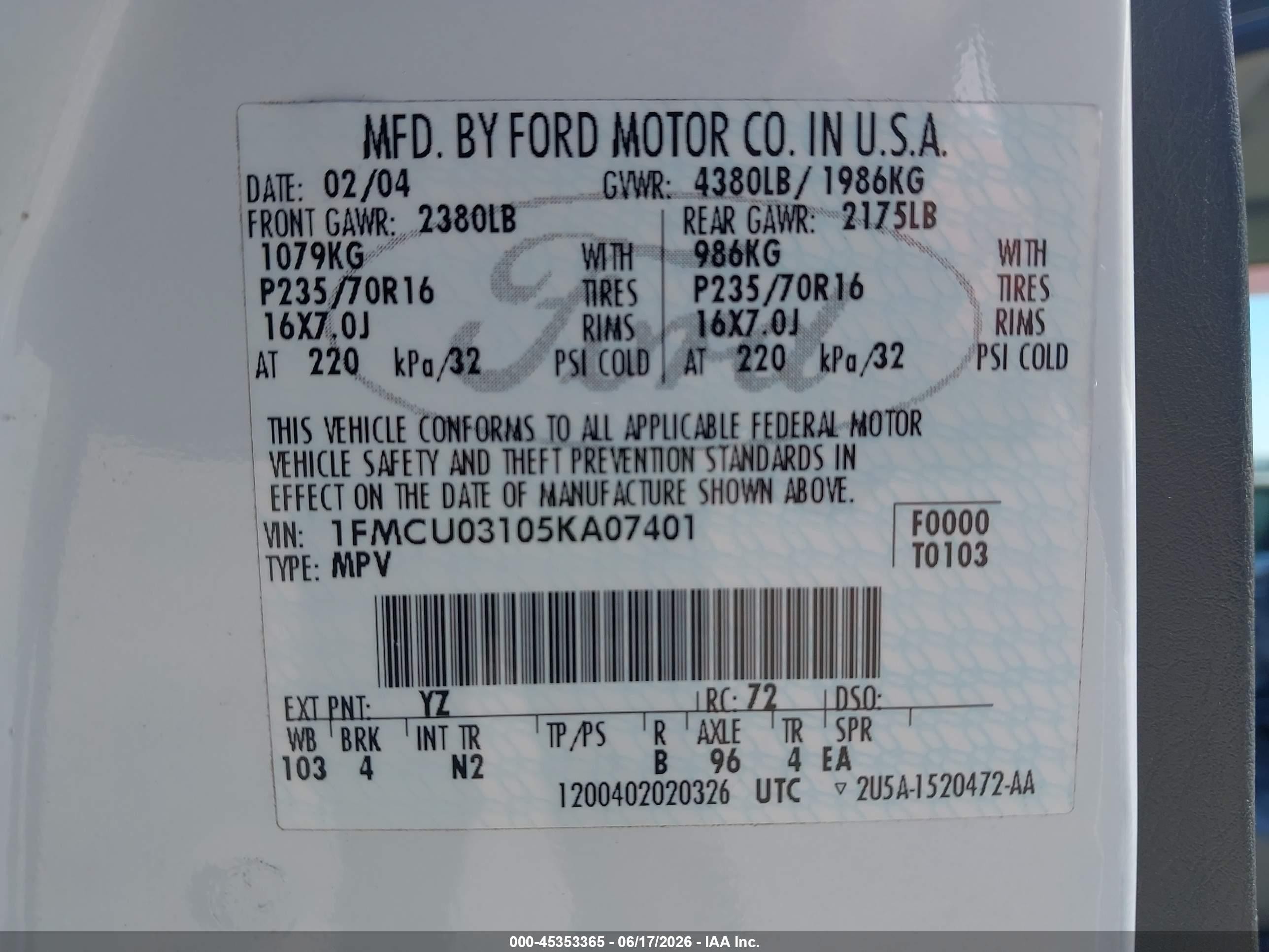 2005 Ford Escape Xlt Белый vin: 1FMCU03105KA07401
