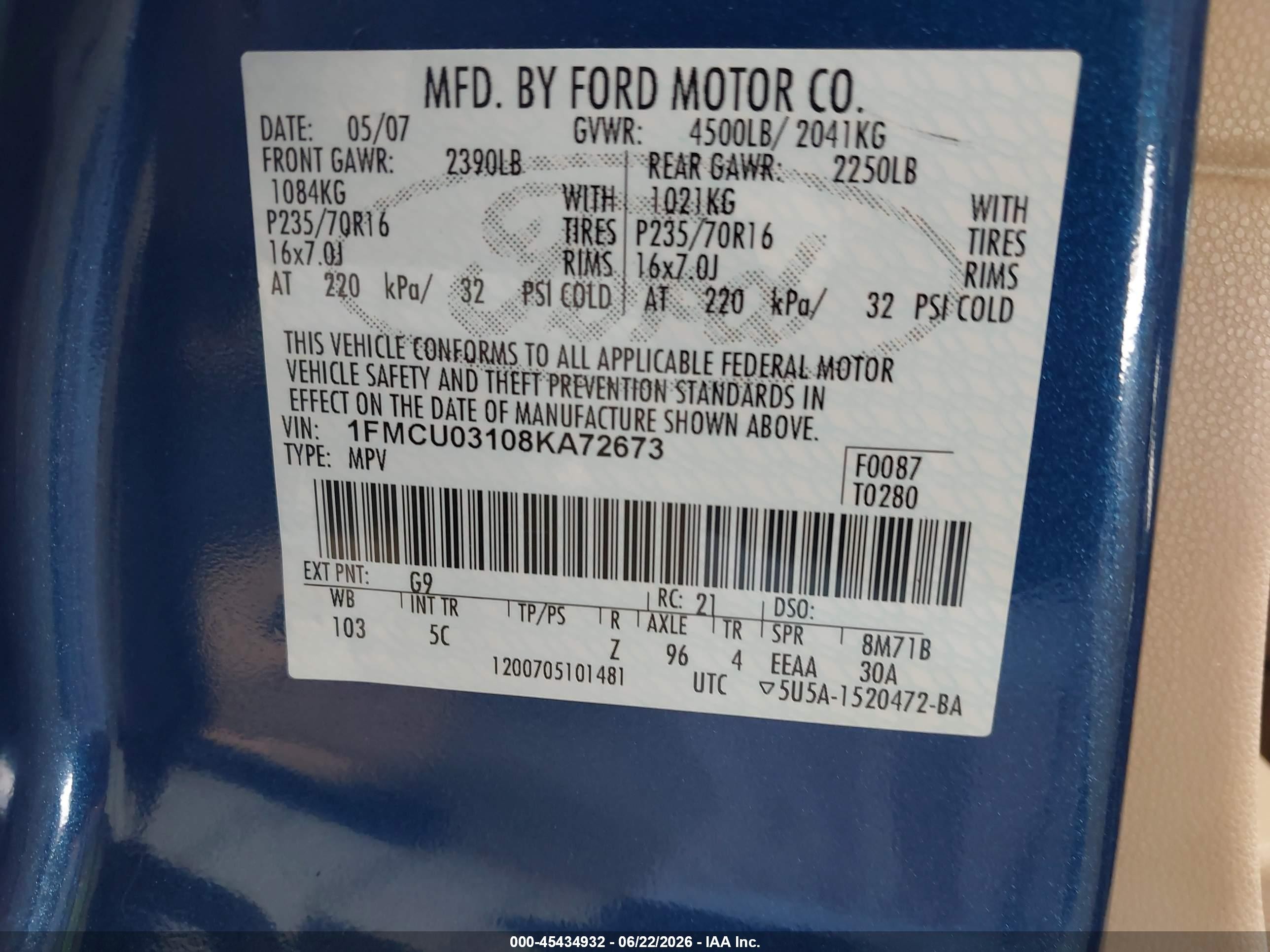 2008 Ford Escape Xlt Blue vin: 1FMCU03108KA72673