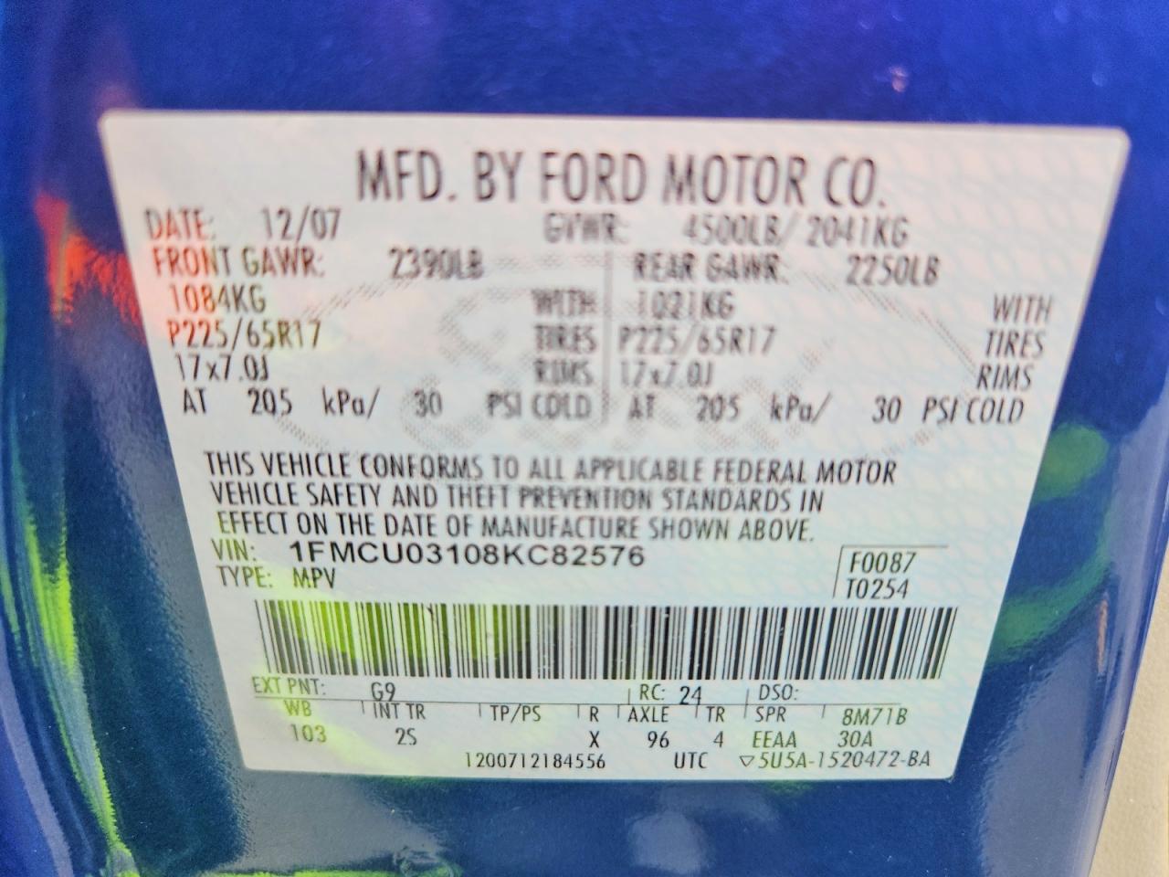 2008 Ford Escape Xlt Blue vin: 1FMCU03108KC82576