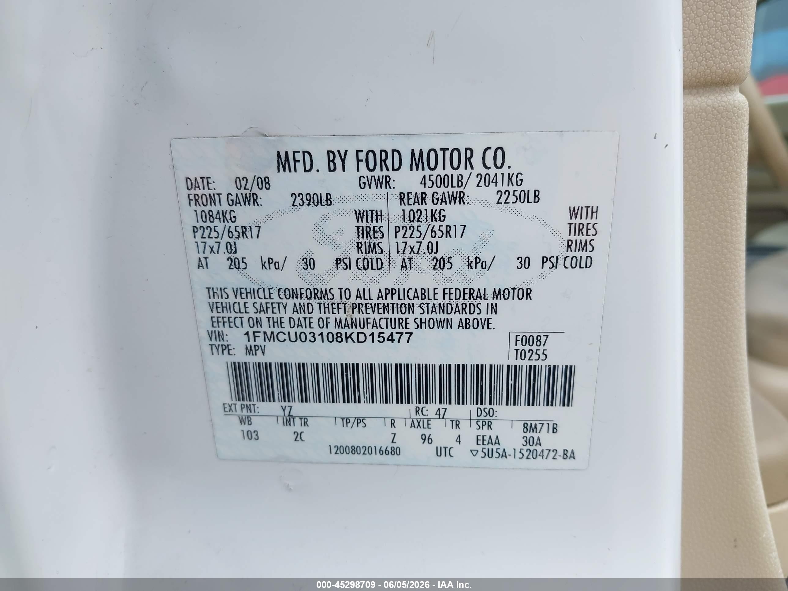 2008 Ford Escape Xlt White vin: 1FMCU03108KD15477