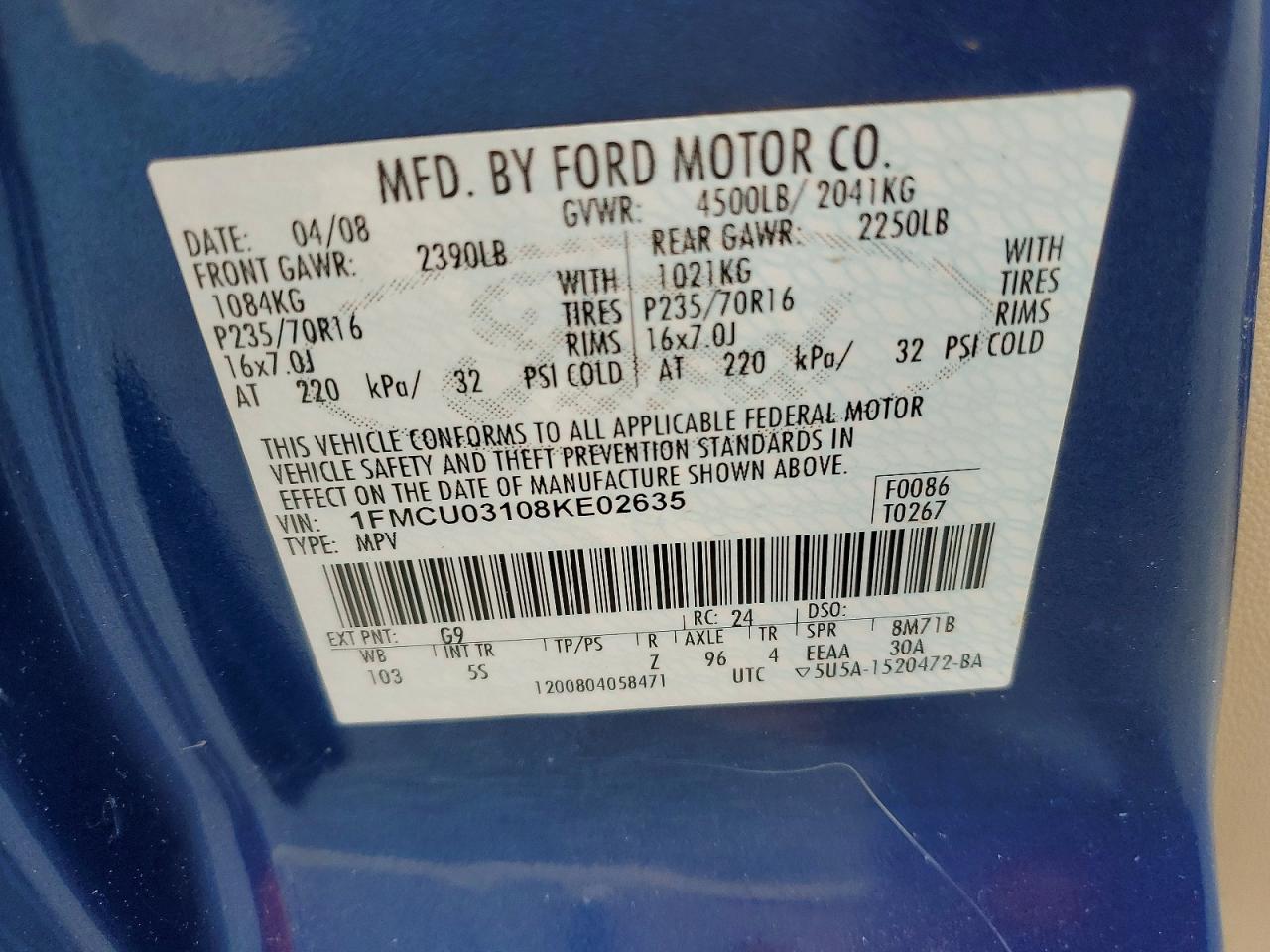 2008 Ford Escape Xlt Blue vin: 1FMCU03108KE02635