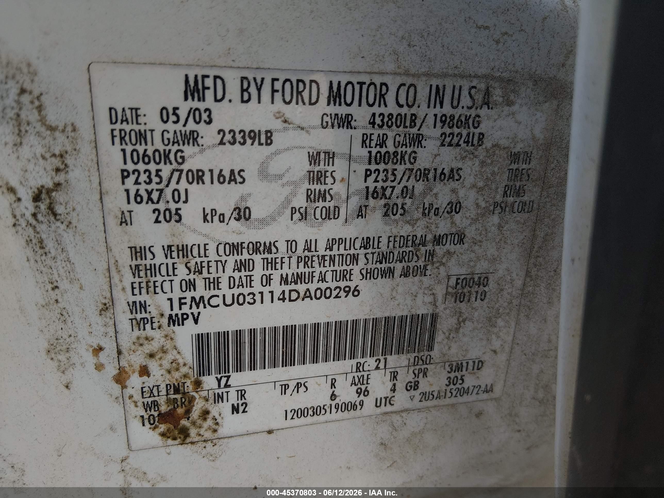 2004 Ford Escape Xlt White vin: 1FMCU03114DA00296