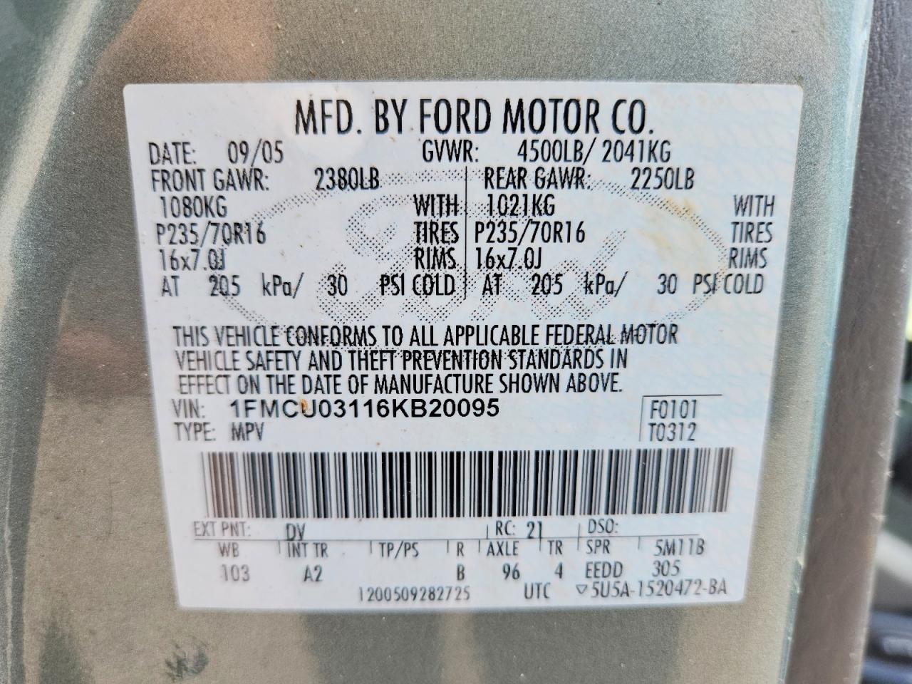 2006 Ford Escape Xlt Teal vin: 1FMCU03116KB20095