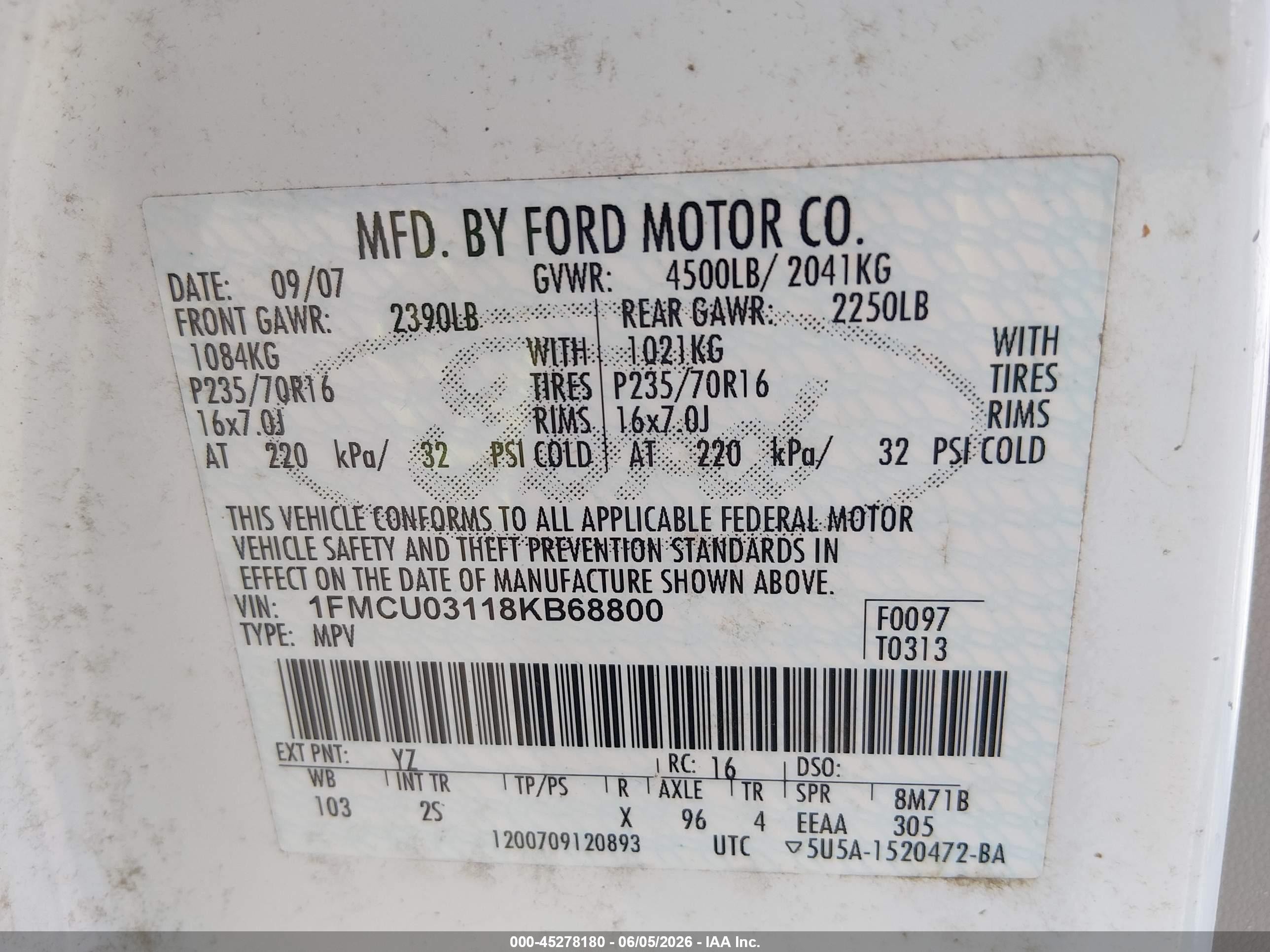 2008 Ford Escape Xlt White vin: 1FMCU03118KB68800