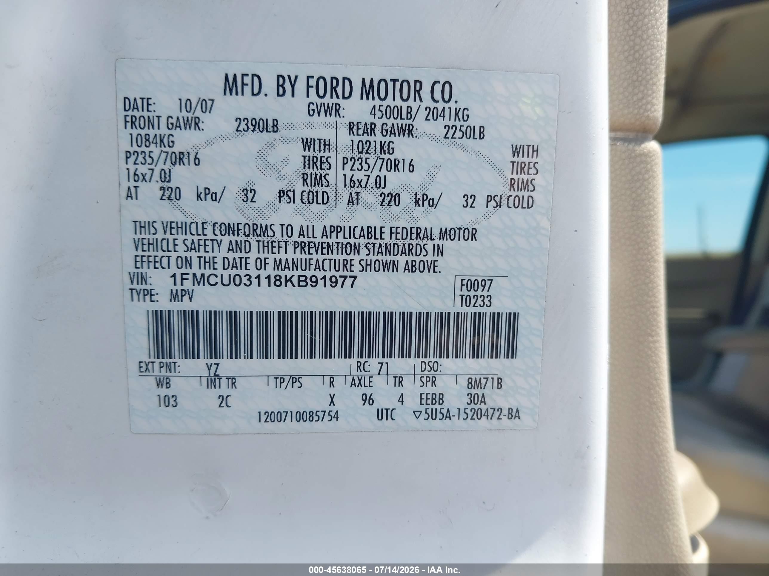 2008 Ford Escape Xlt White vin: 1FMCU03118KB91977