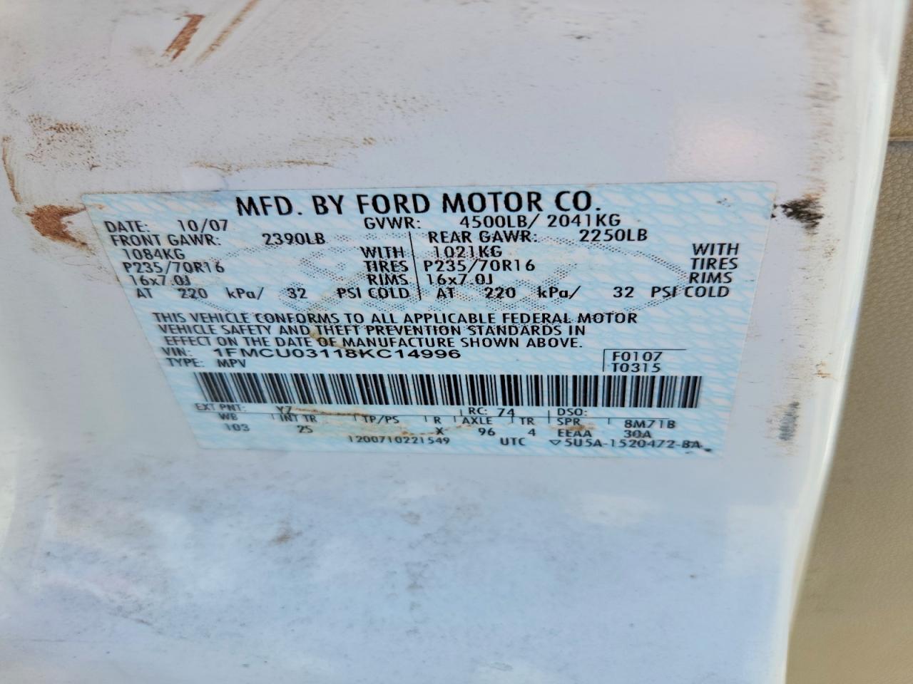 2008 Ford Escape Xlt Белый vin: 1FMCU03118KC14996