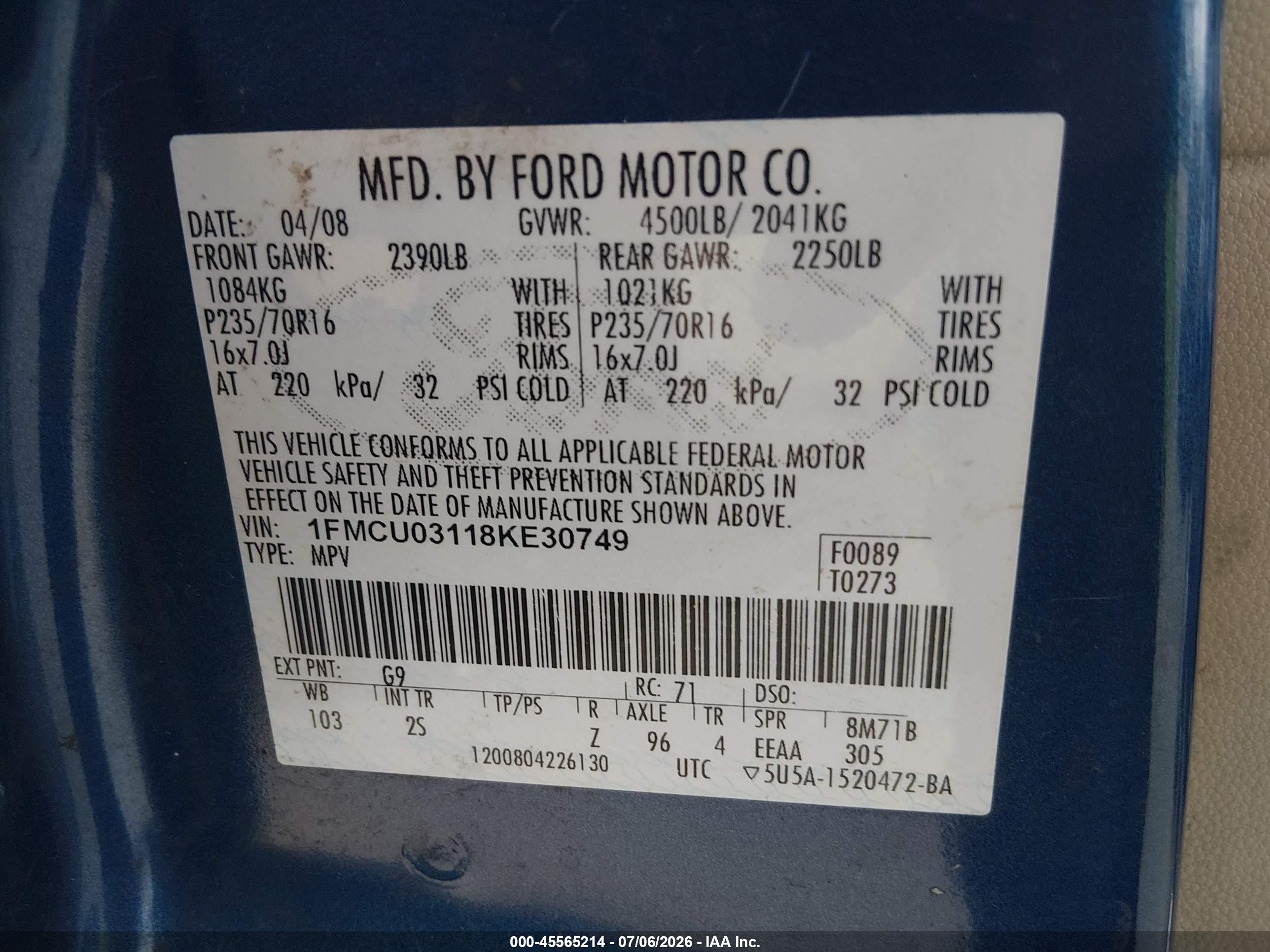 2008 Ford Escape Xlt Blue vin: 1FMCU03118KE30749
