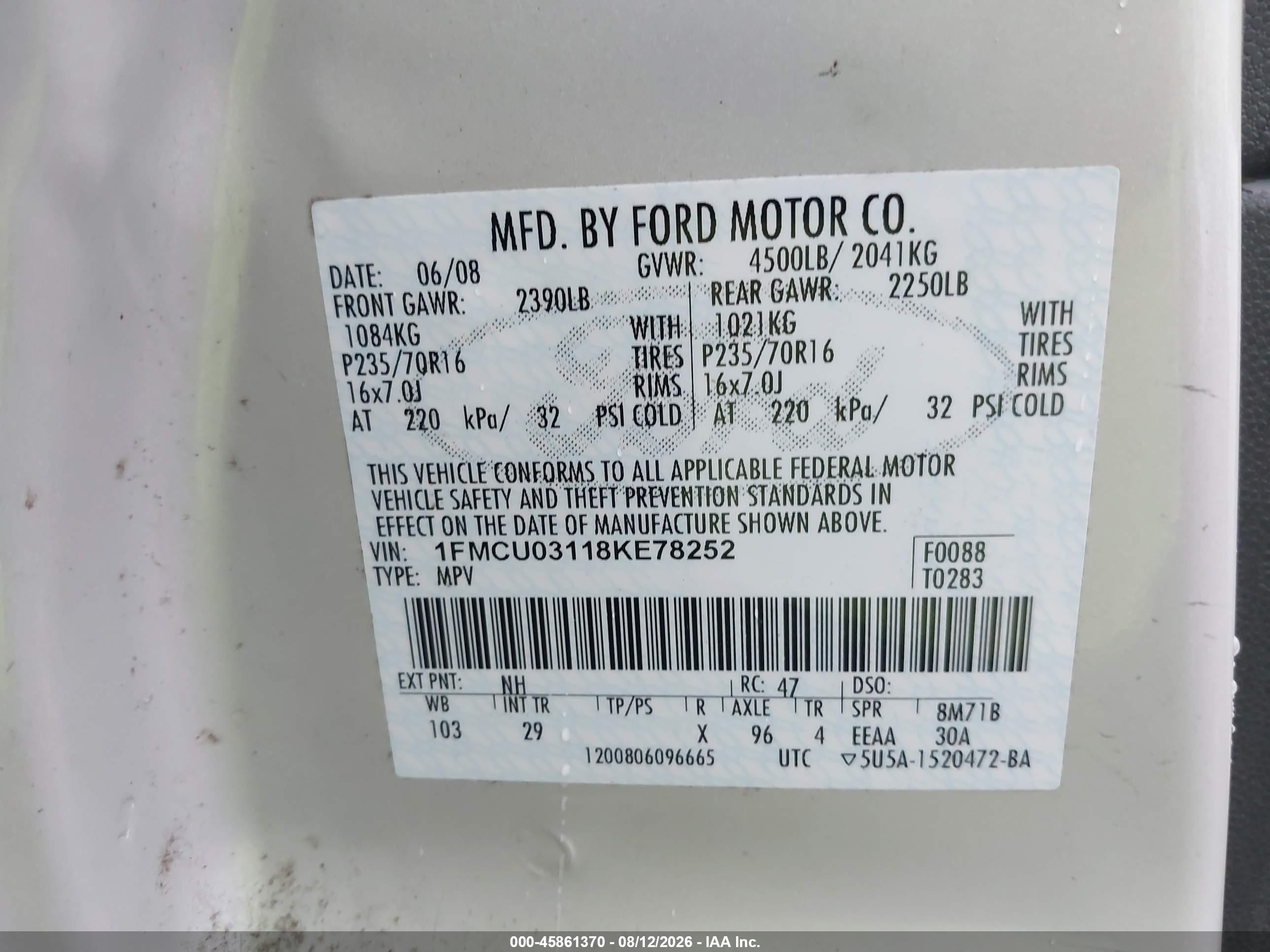 2008 Ford Escape Xlt Белый vin: 1FMCU03118KE78252