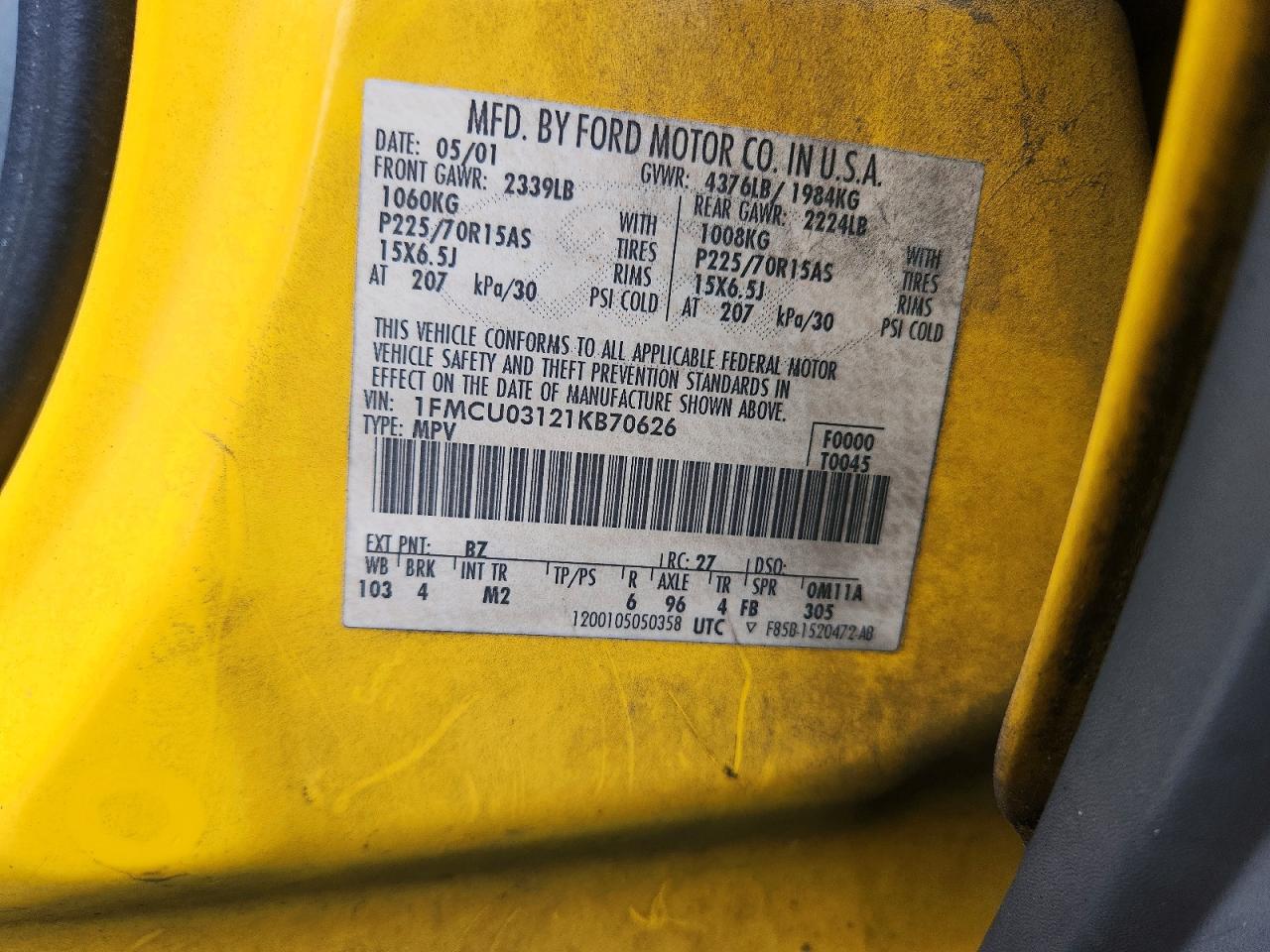 2001 Ford Escape Xlt Yellow vin: 1FMCU03121KB70626