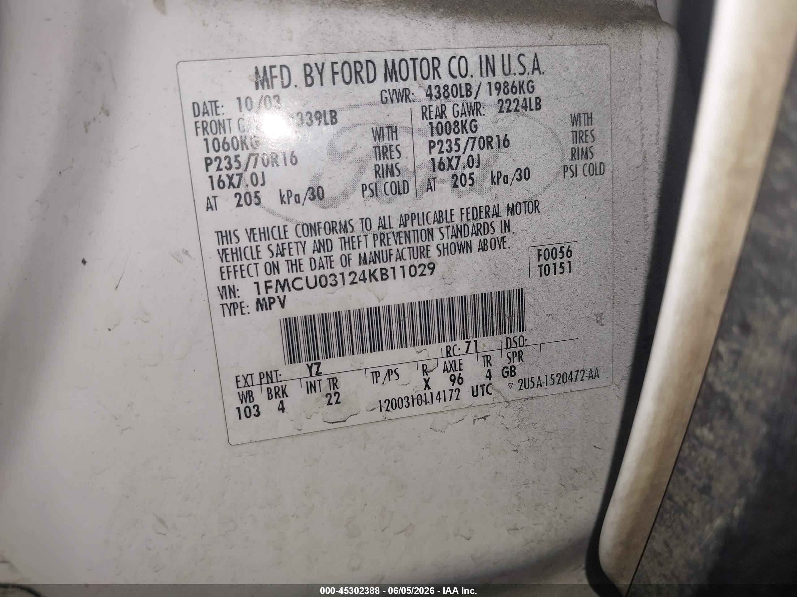 2004 Ford Escape Xlt White vin: 1FMCU03124KB11029