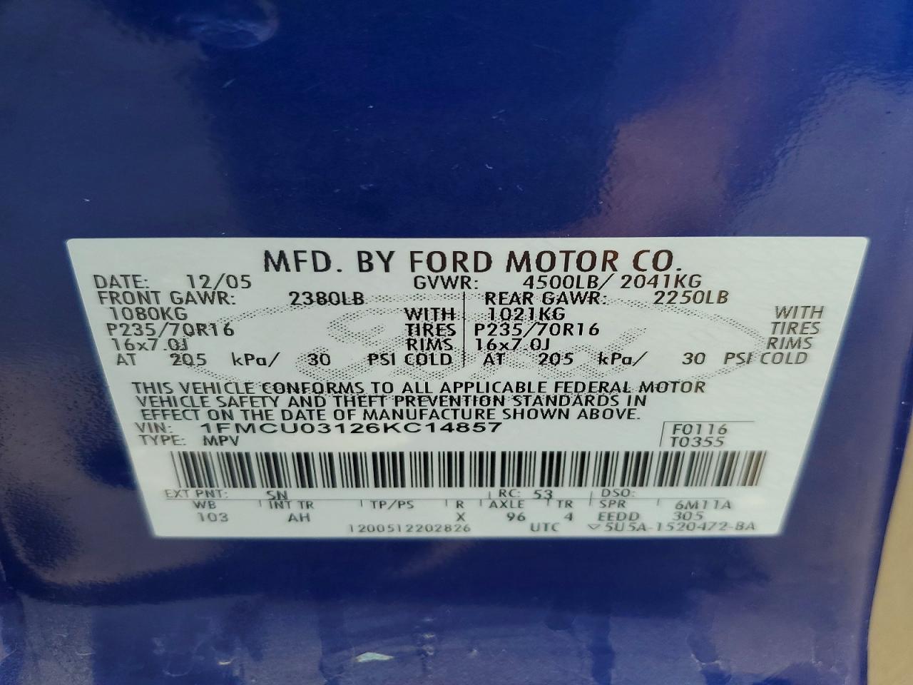 2006 Ford Escape Xlt Синий vin: 1FMCU03126KC14857
