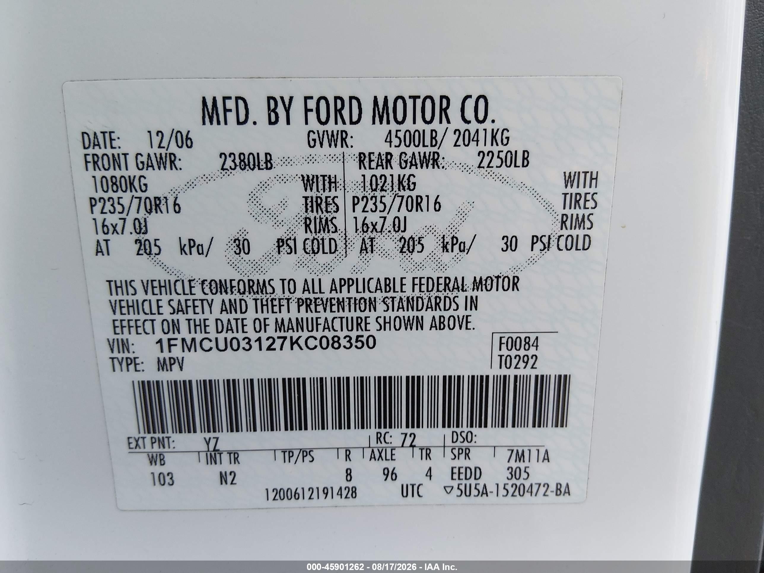2007 Ford Escape Xlt/xlt Sport White vin: 1FMCU03127KC08350