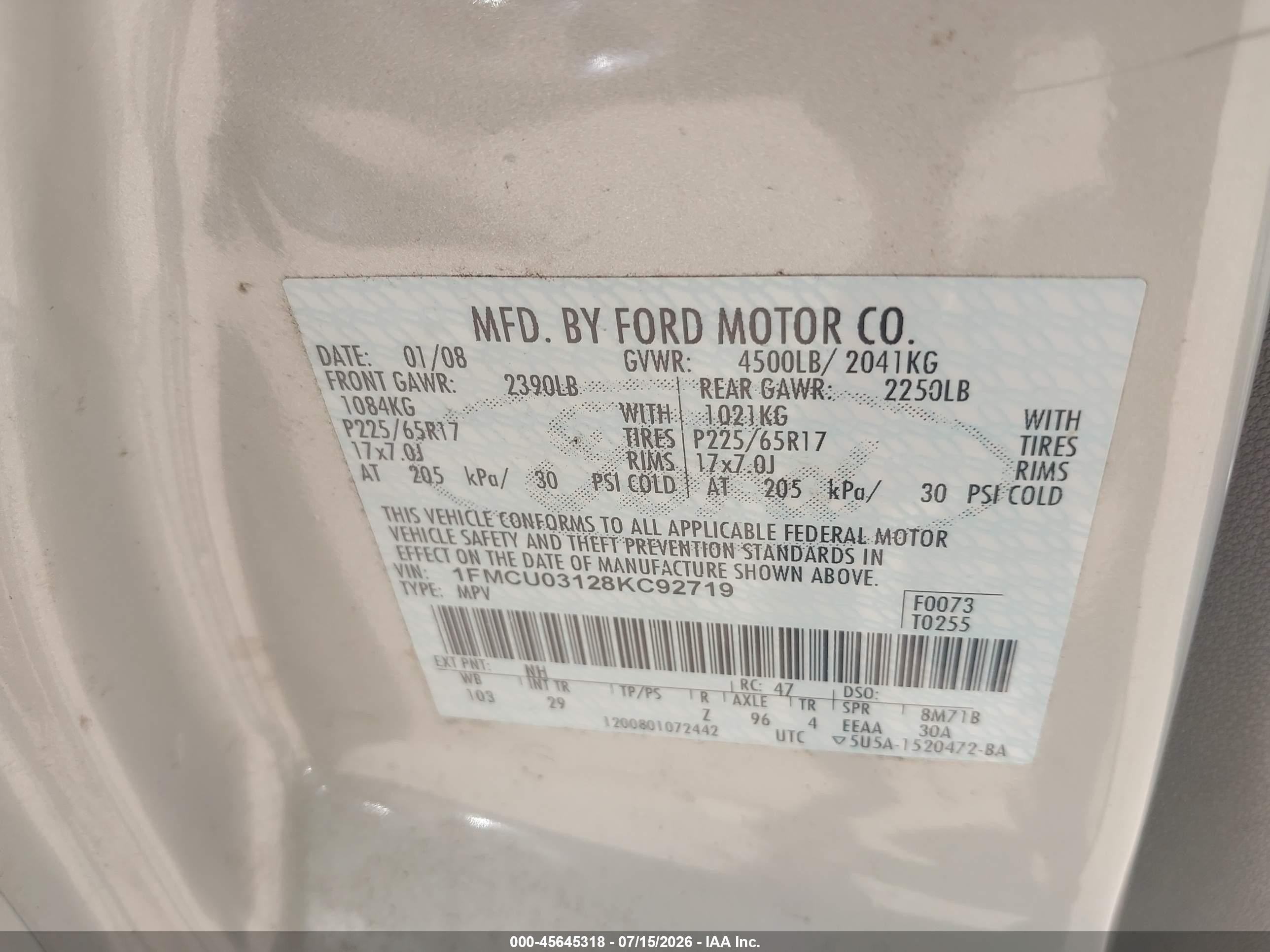 2008 Ford Escape Xlt Silver vin: 1FMCU03128KC92719