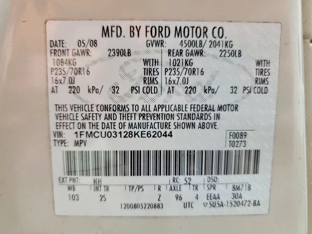 2008 Ford Escape Xlt White vin: 1FMCU03128KE62044