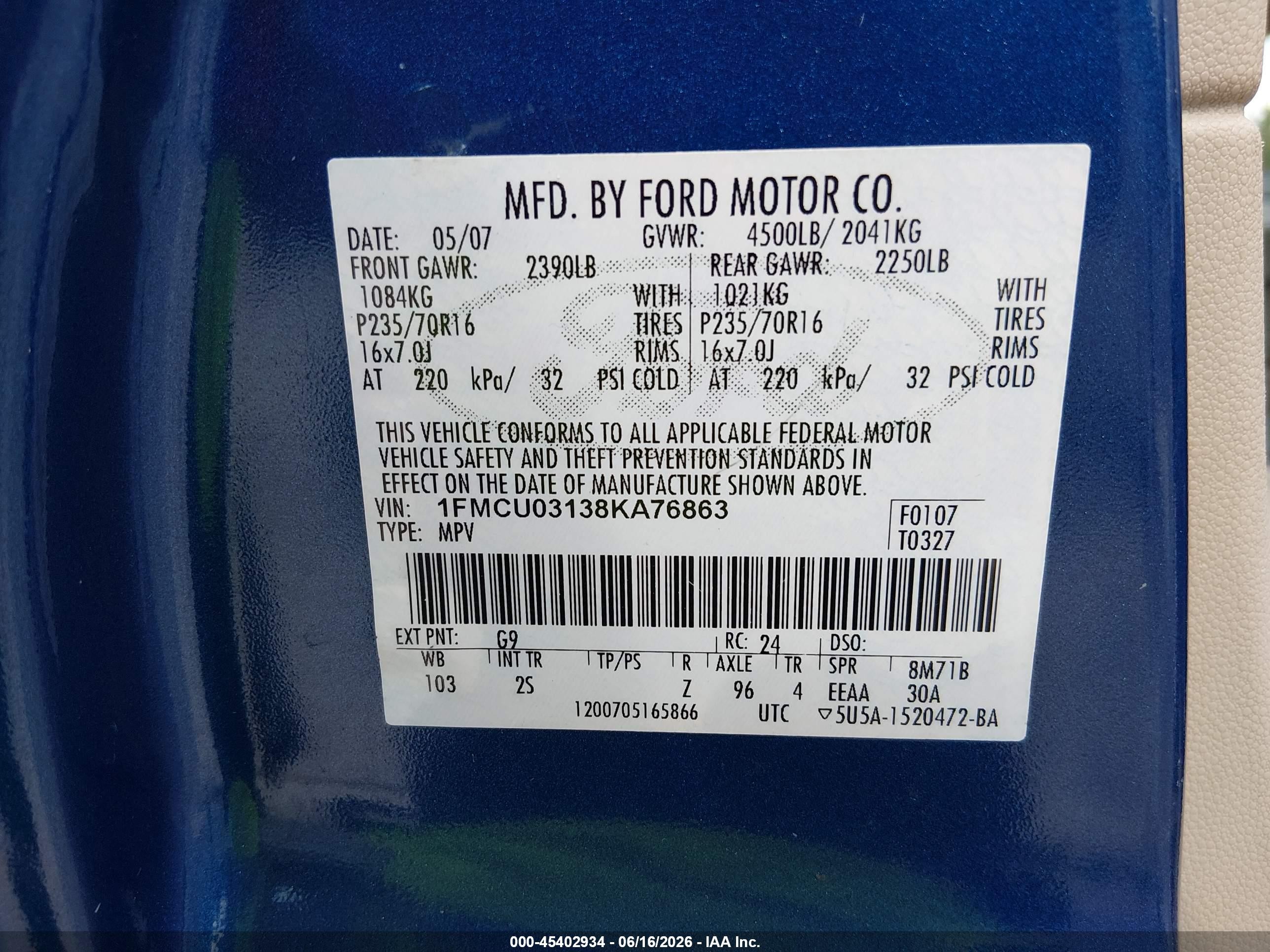 2008 Ford Escape Xlt Blue vin: 1FMCU03138KA76863