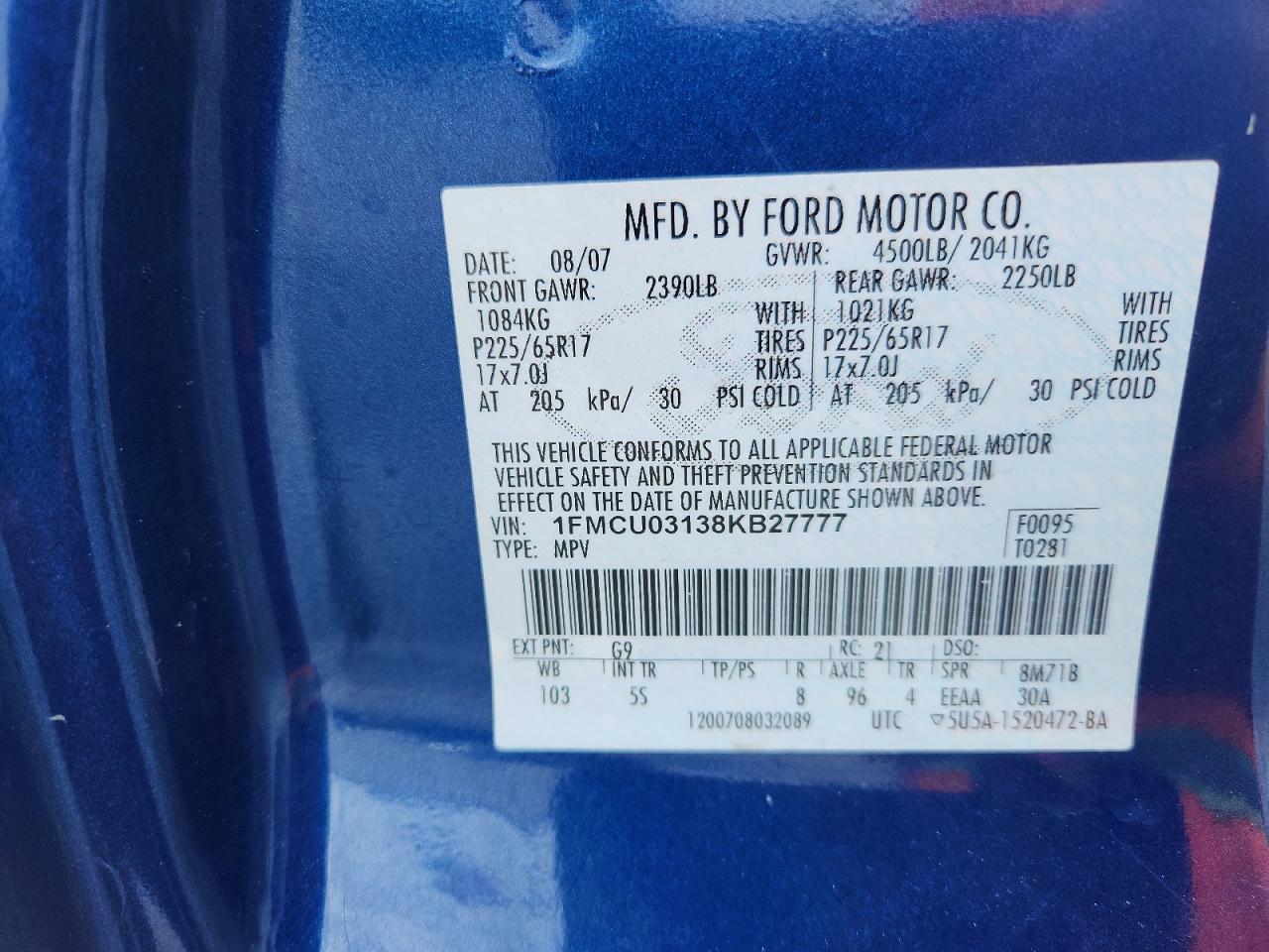2008 Ford Escape Xlt Blue vin: 1FMCU03138KB27777