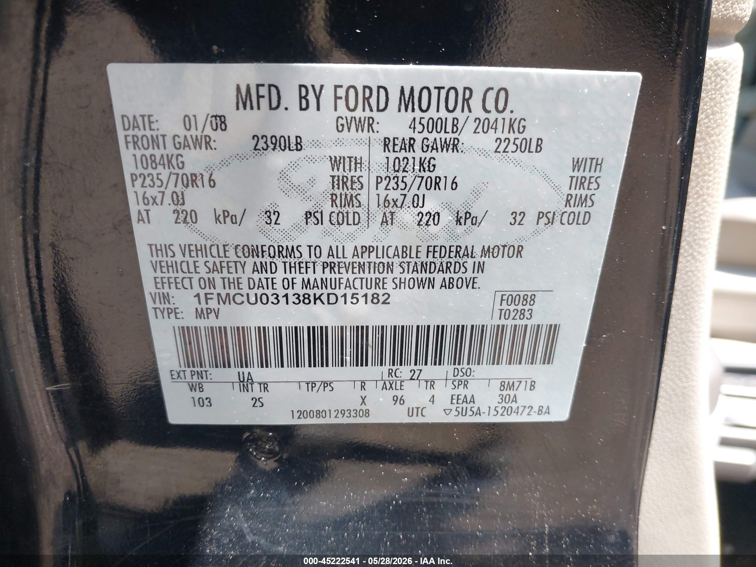 2008 Ford Escape Xlt Черный vin: 1FMCU03138KD15182