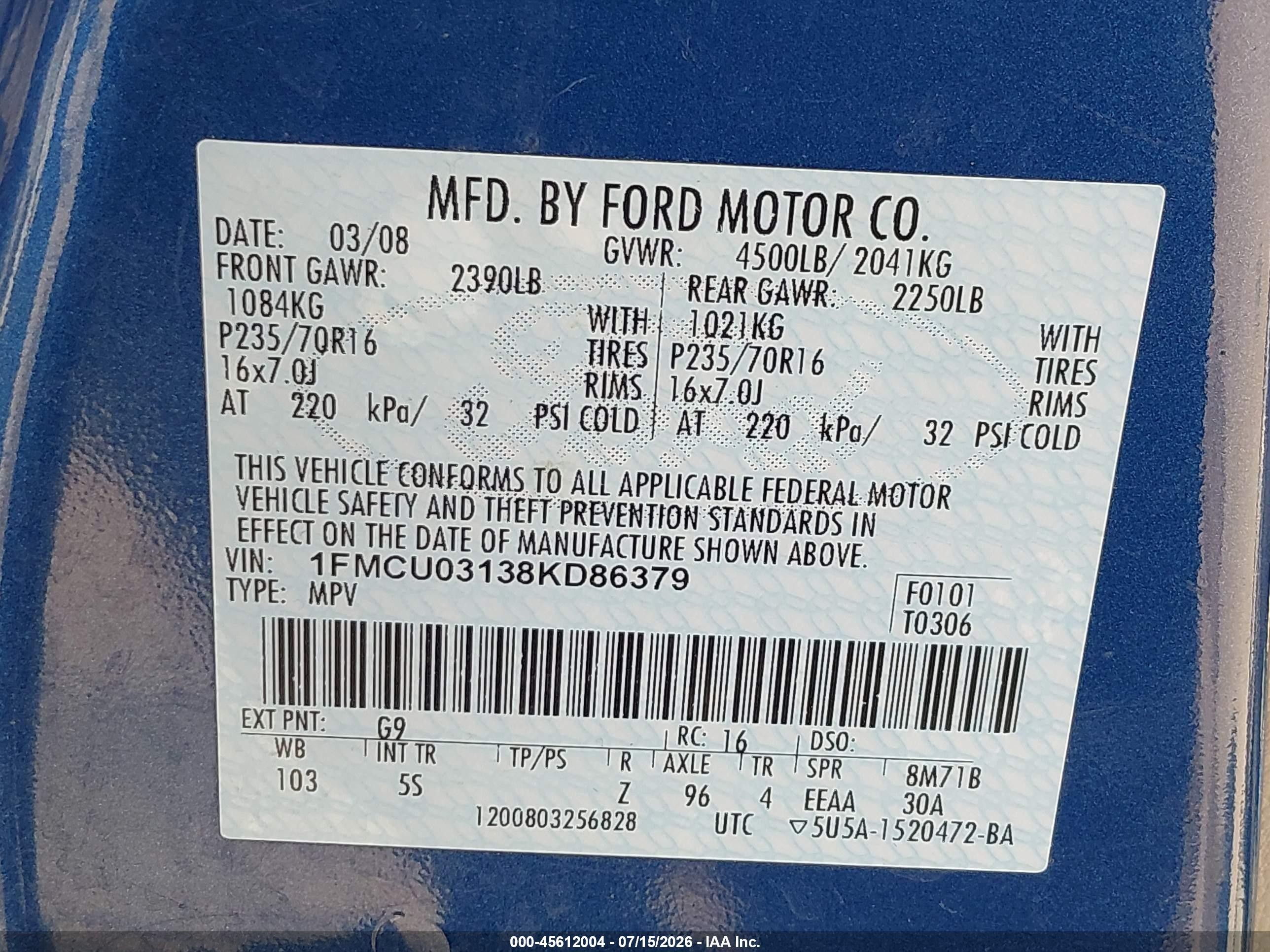 2008 Ford Escape Xlt Синий vin: 1FMCU03138KD86379