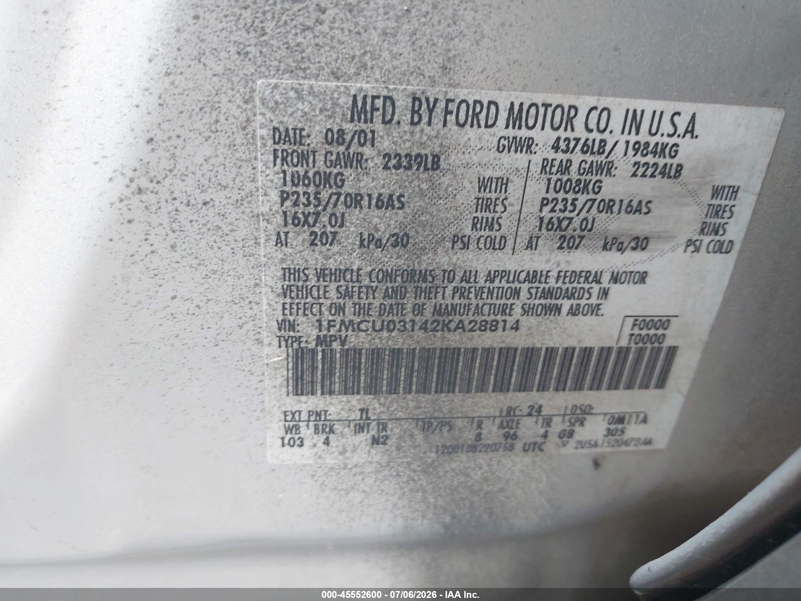 2002 Ford Escape Xlt/xlt Choice 2 Silver vin: 1FMCU03142KA28814