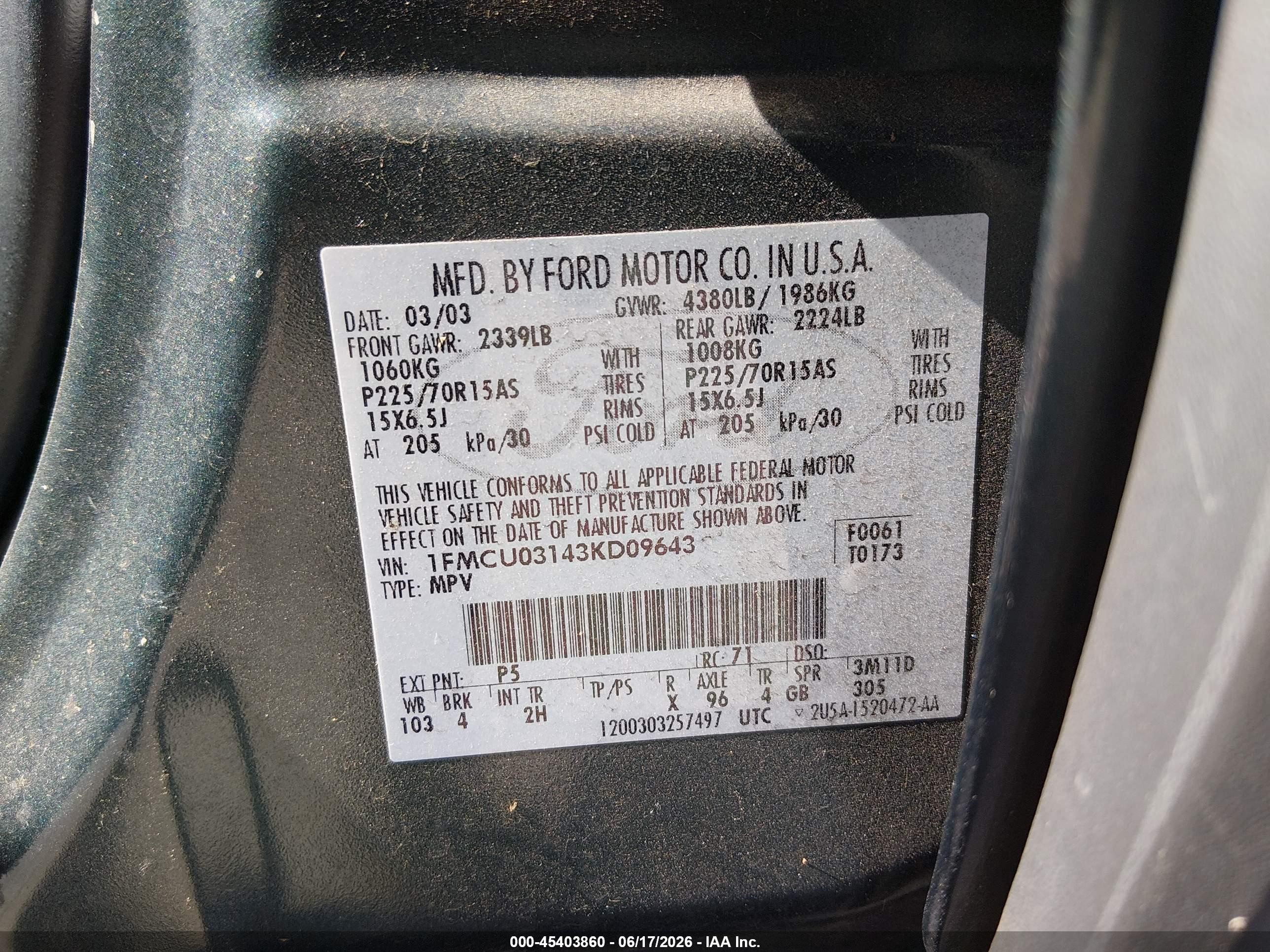2003 Ford Escape Xlt Green vin: 1FMCU03143KD09643