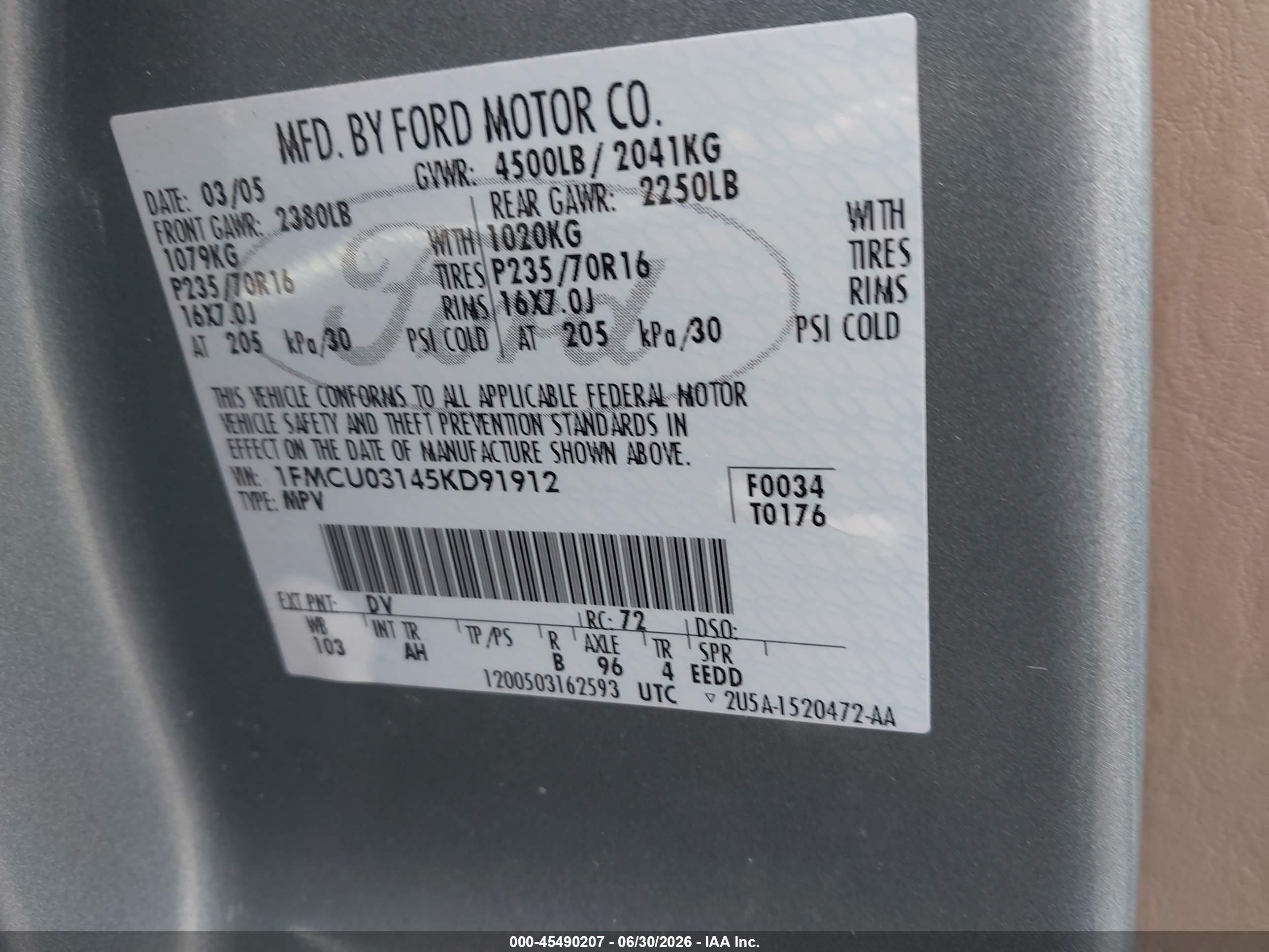 2005 Ford Escape Xlt Green vin: 1FMCU03145KD91912
