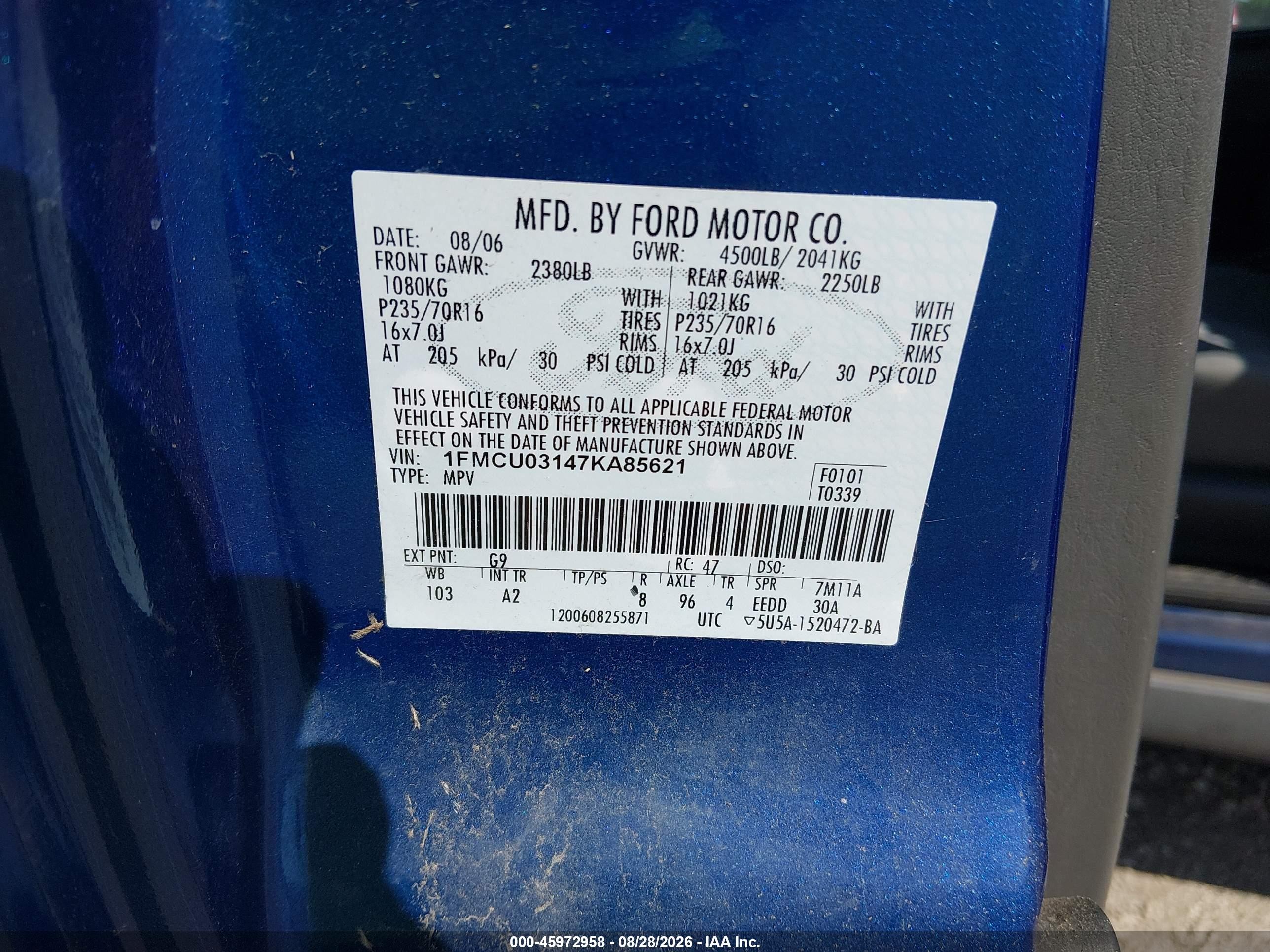2007 Ford Escape Xlt/xlt Sport Blue vin: 1FMCU03147KA85621