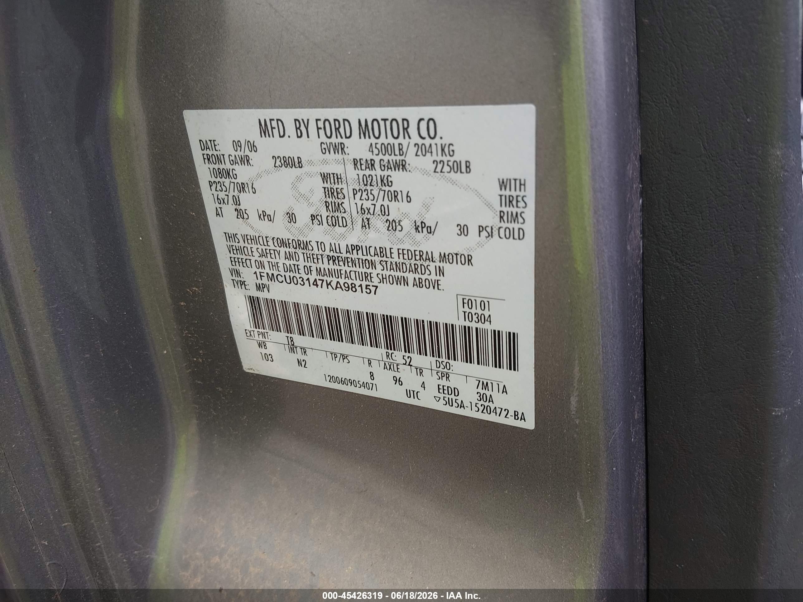 2007 Ford Escape Xlt/xlt Sport Gray vin: 1FMCU03147KA98157