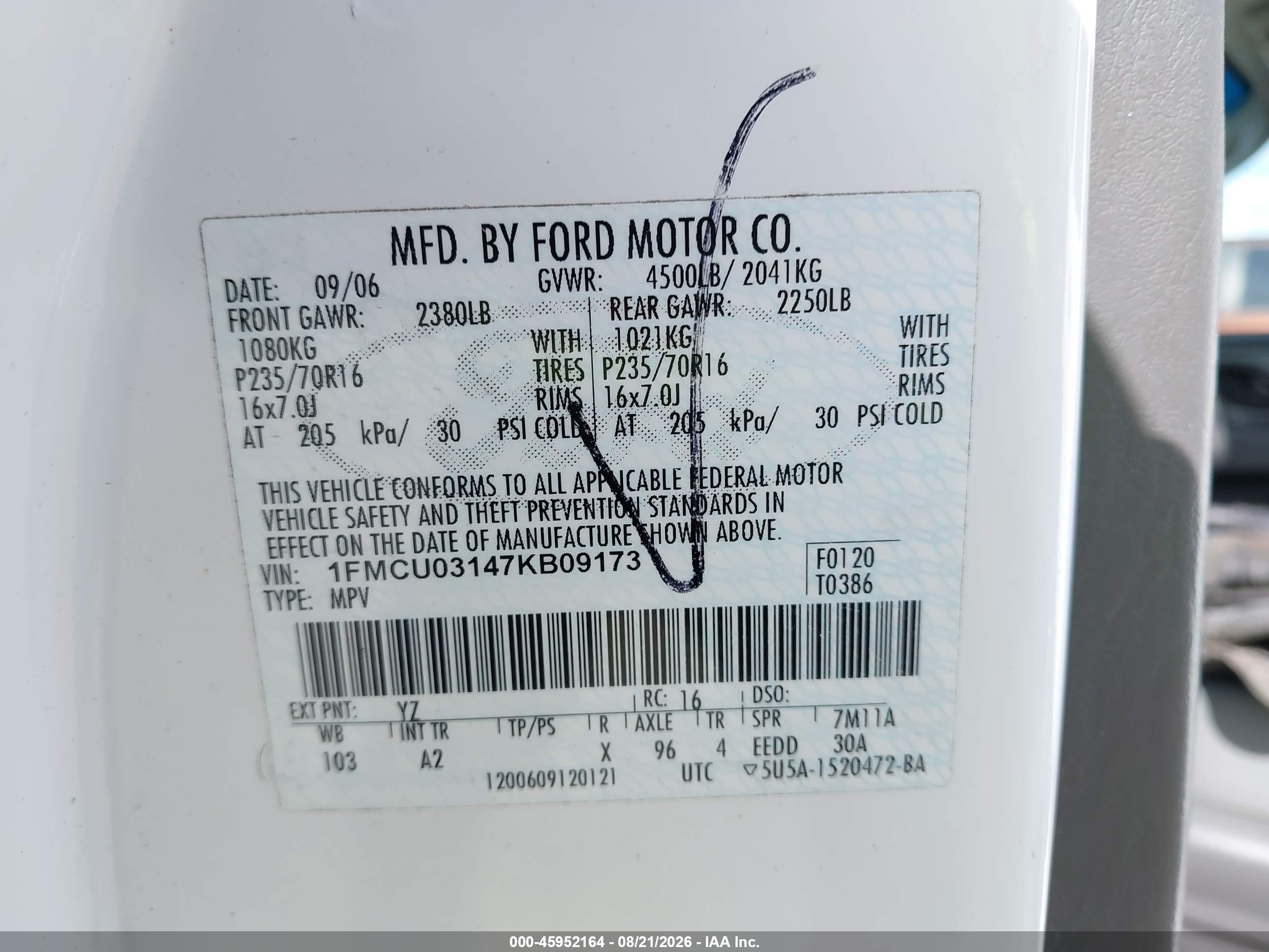 2007 Ford Escape Xlt/xlt Sport White vin: 1FMCU03147KB09173
