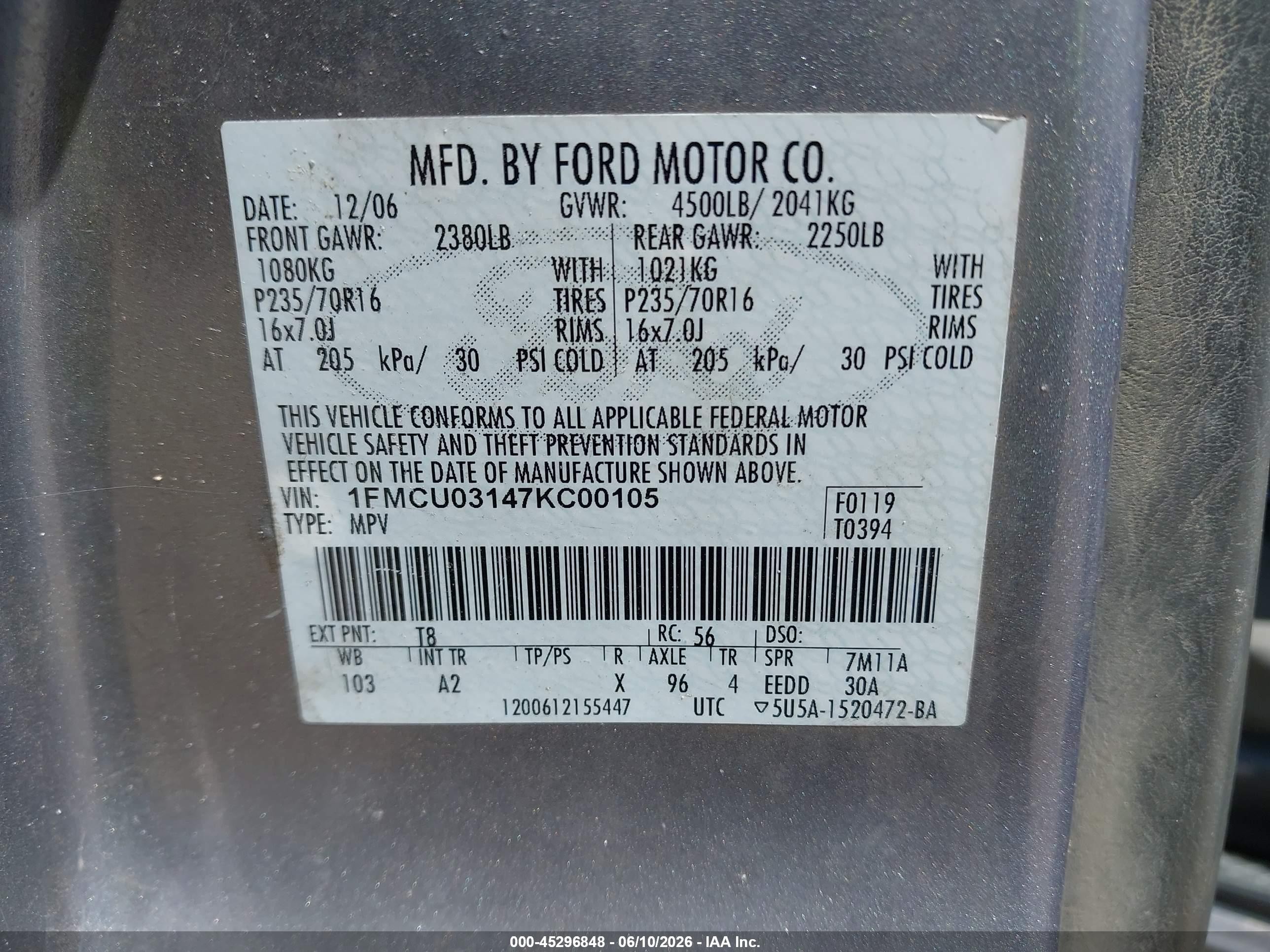 2007 Ford Escape Xlt/xlt Sport Gray vin: 1FMCU03147KC00105
