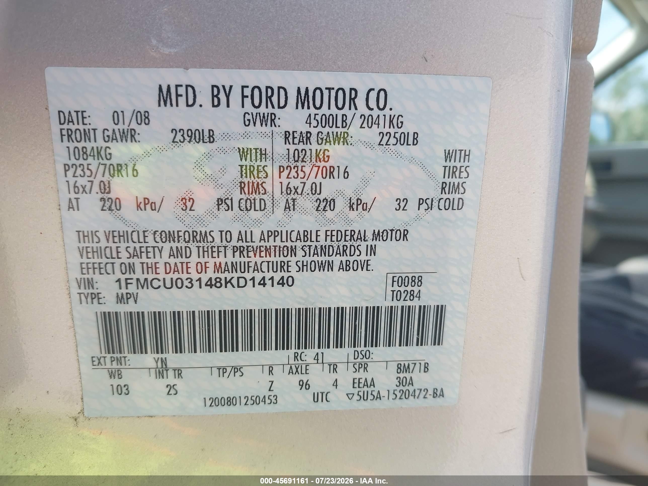 2008 Ford Escape Xlt Серебряный vin: 1FMCU03148KD14140