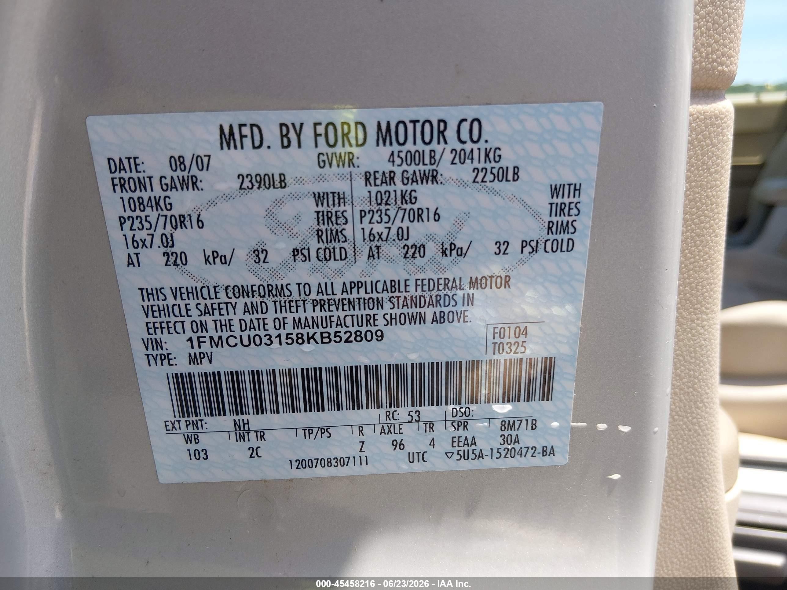 2008 Ford Escape Xlt White vin: 1FMCU03158KB52809