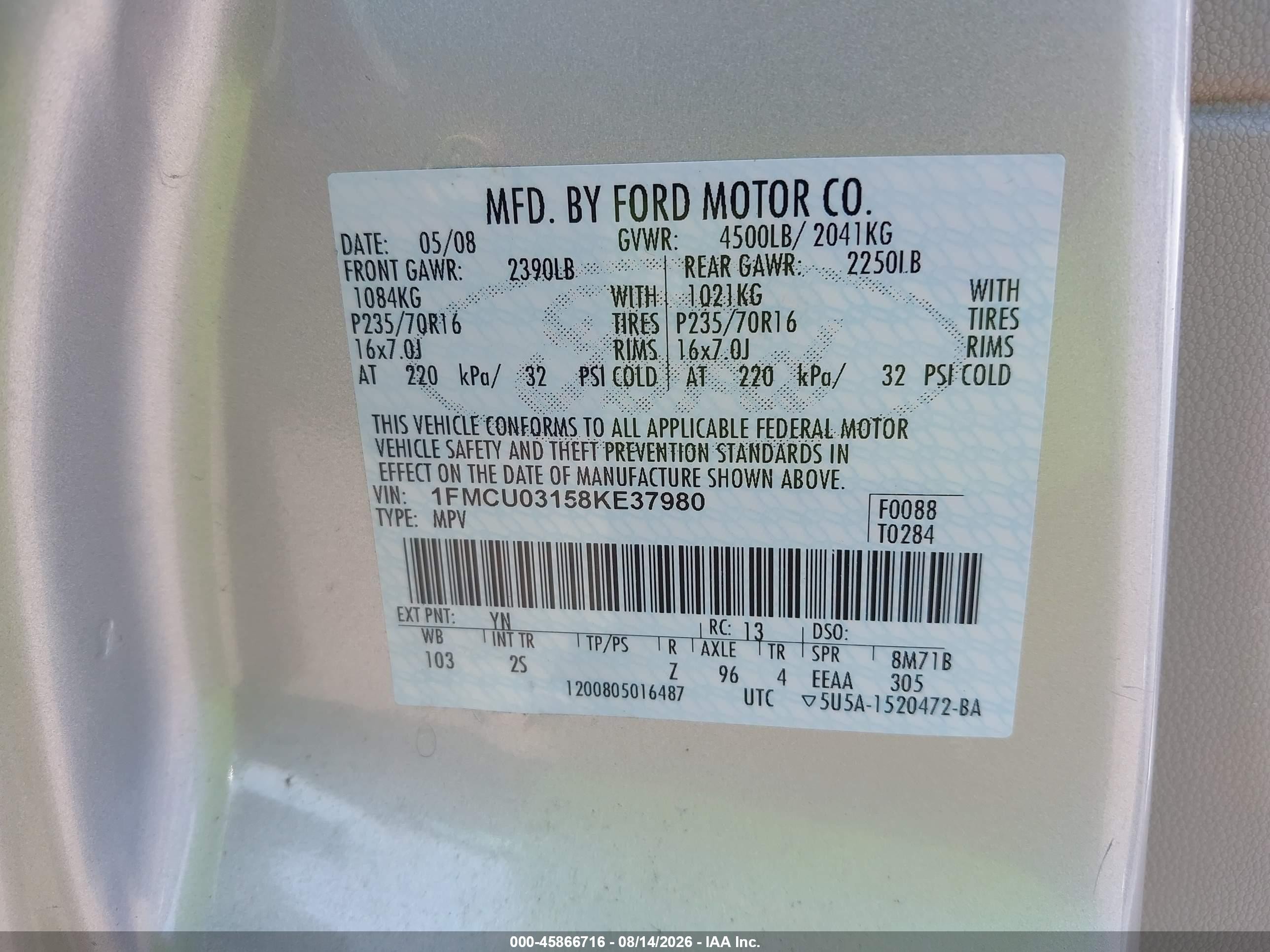 2008 Ford Escape Xlt Silver vin: 1FMCU03158KE37980